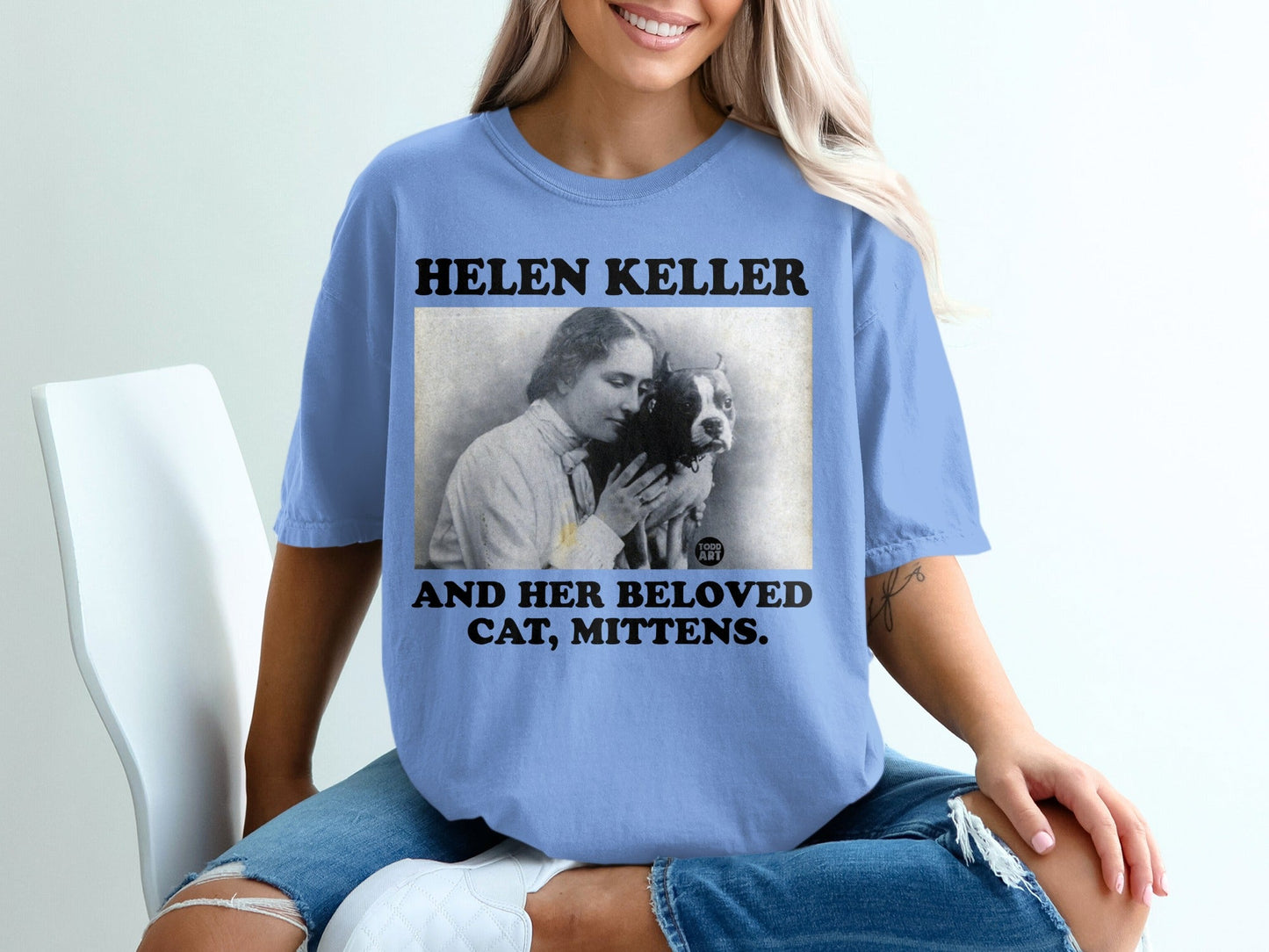 Helen Keller and her cat, Mittens, vintage portrait on blue t-shirt.