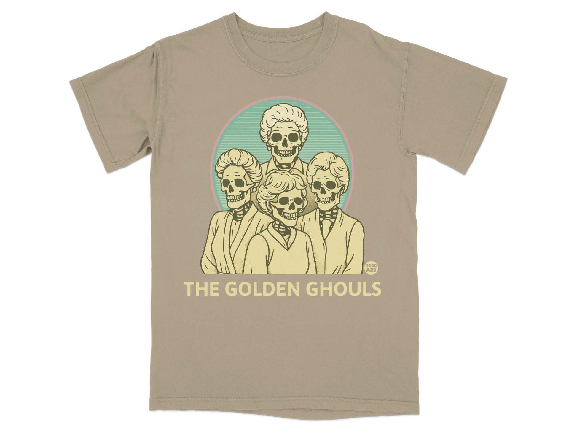 T-shirt with four skeleton figures in a circular design and "THE GOLDEN GHOULS" text.