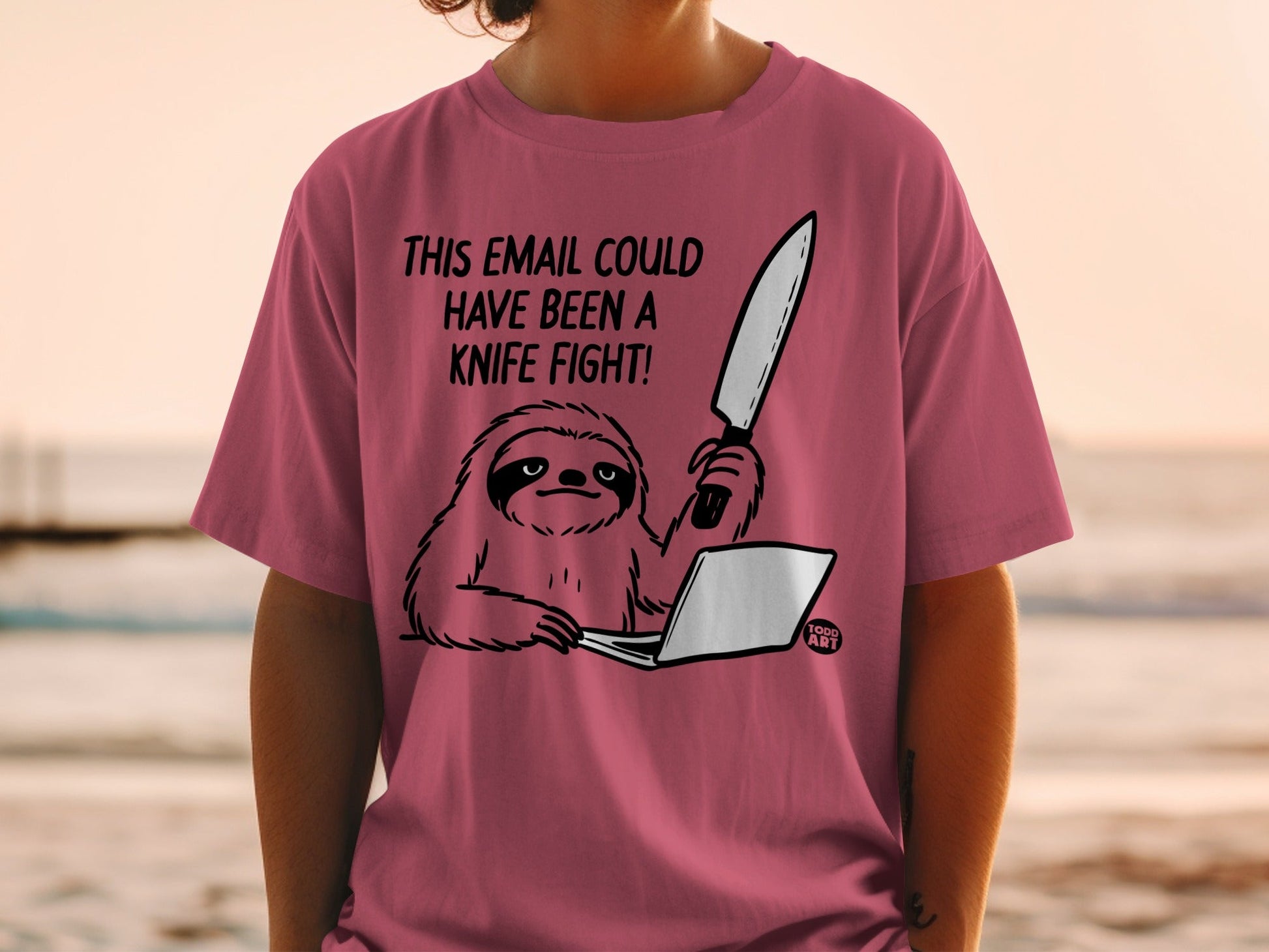 Sloth with knife at laptop, text "THIS EMAIL COULD HAVE BEEN A KNIFE FIGHT".