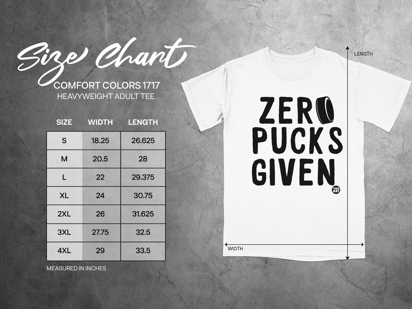 Comfort Colors 1717 heavy adult tee size chart with measurements in inches.