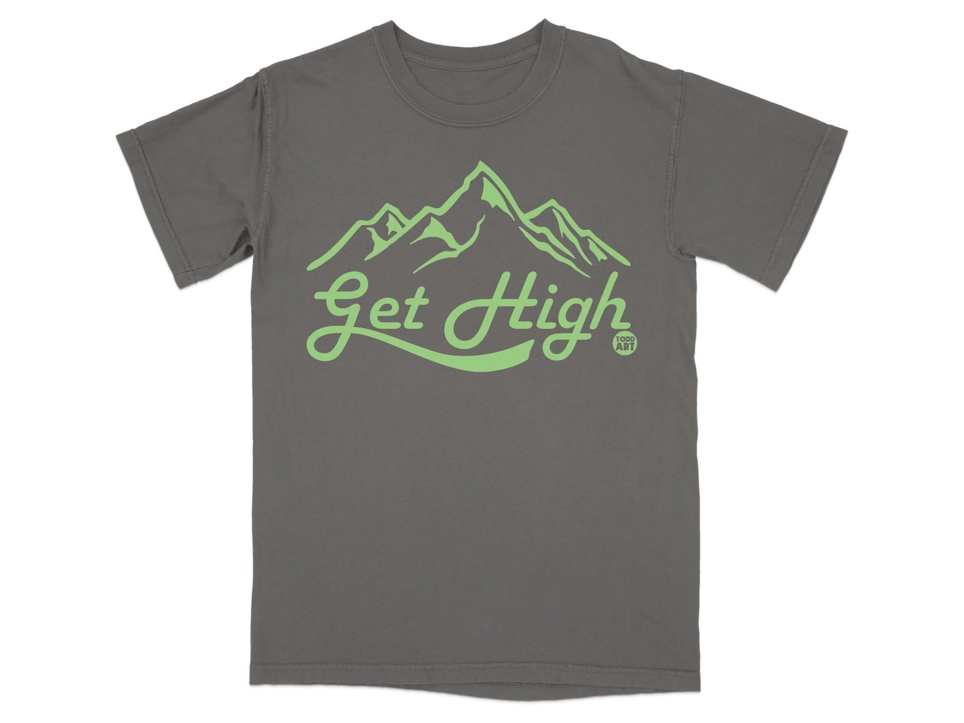 Gray t-shirt with neon green "Get High" text and mountain graphic.