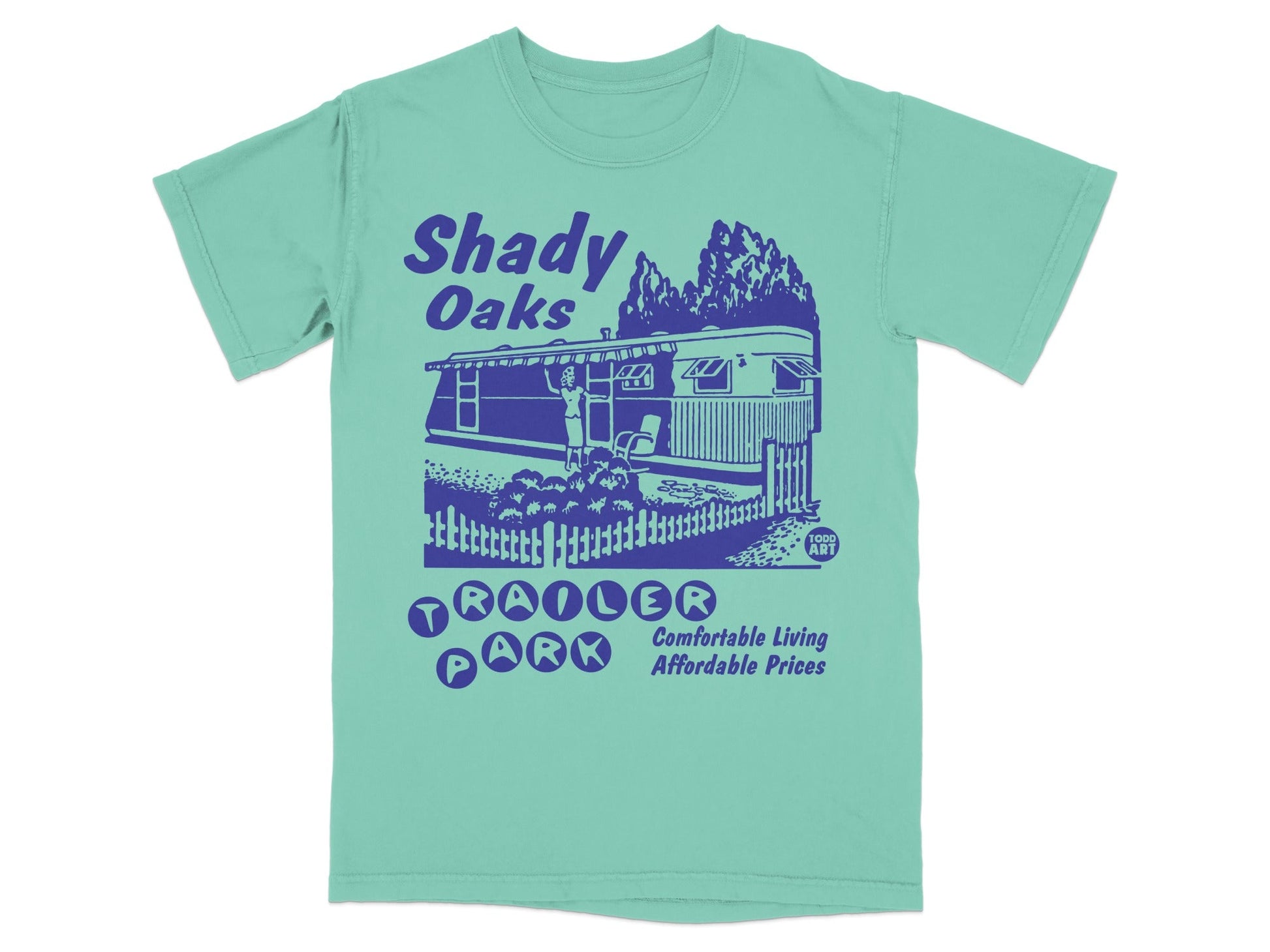 Teal t-shirt with vintage Shady Oaks Trailer Park graphic and text.