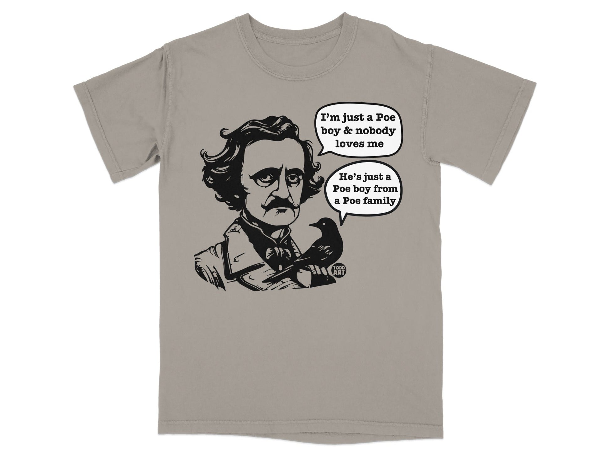 Edgar Allan Poe illustration with a raven and comic speech bubbles.