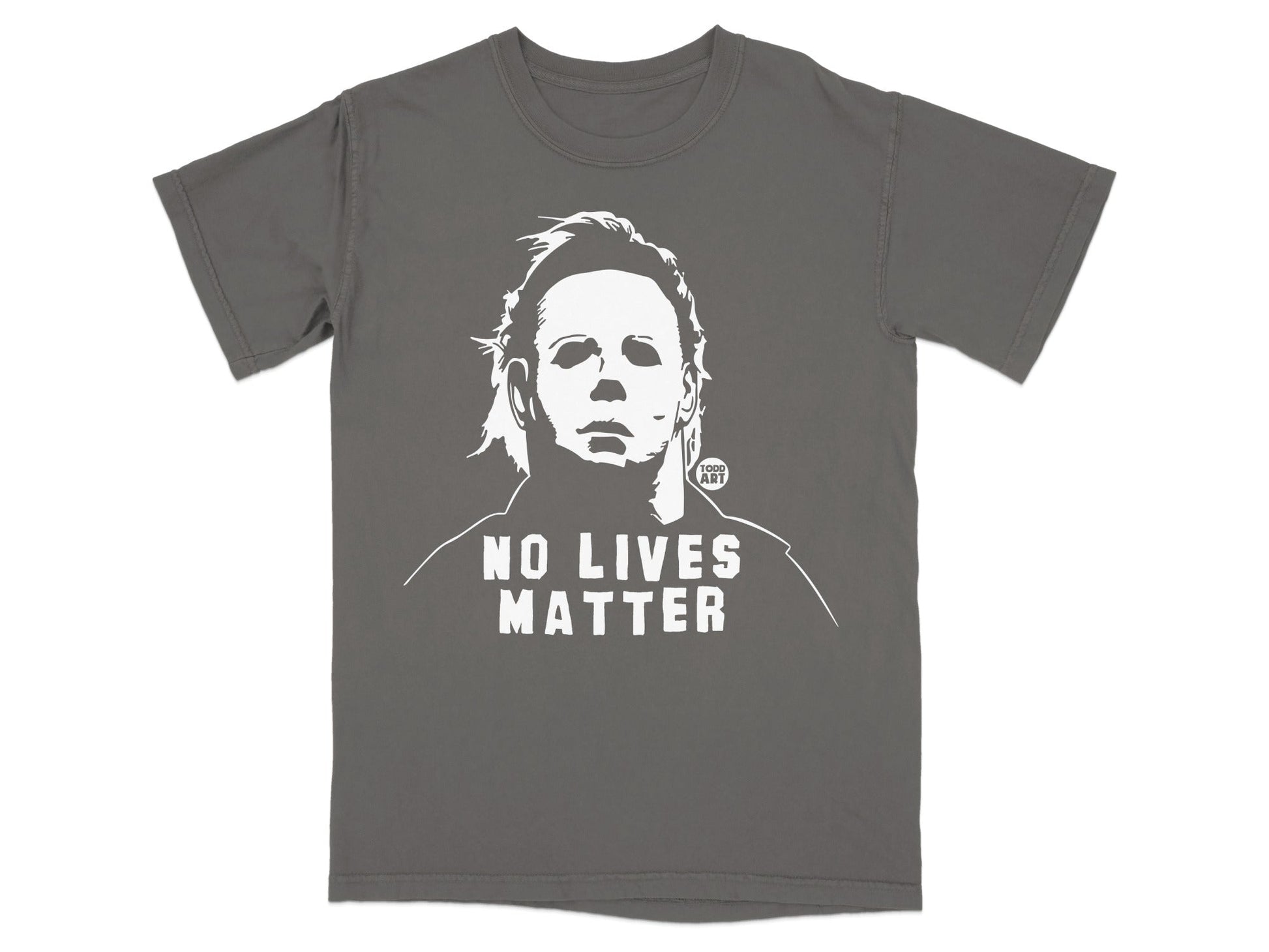 Dark gray t-shirt with Michael Myers graphic and "NO LIVES MATTER" text.