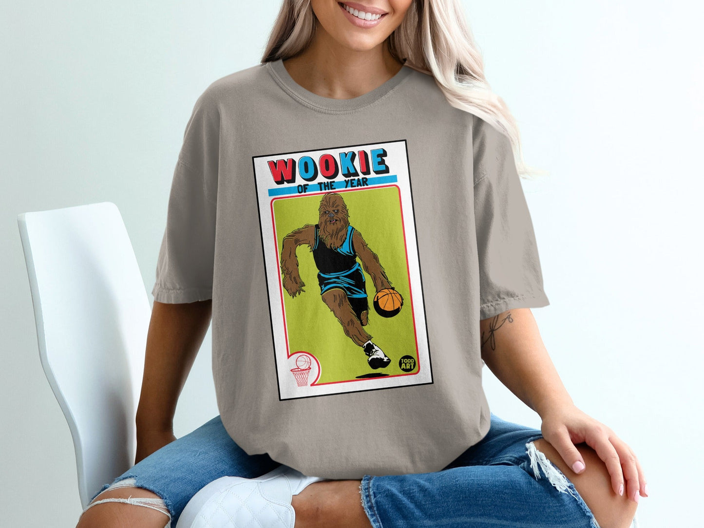 Wookie of the Year graphic with basketball player Chewbacca on a t-shirt.