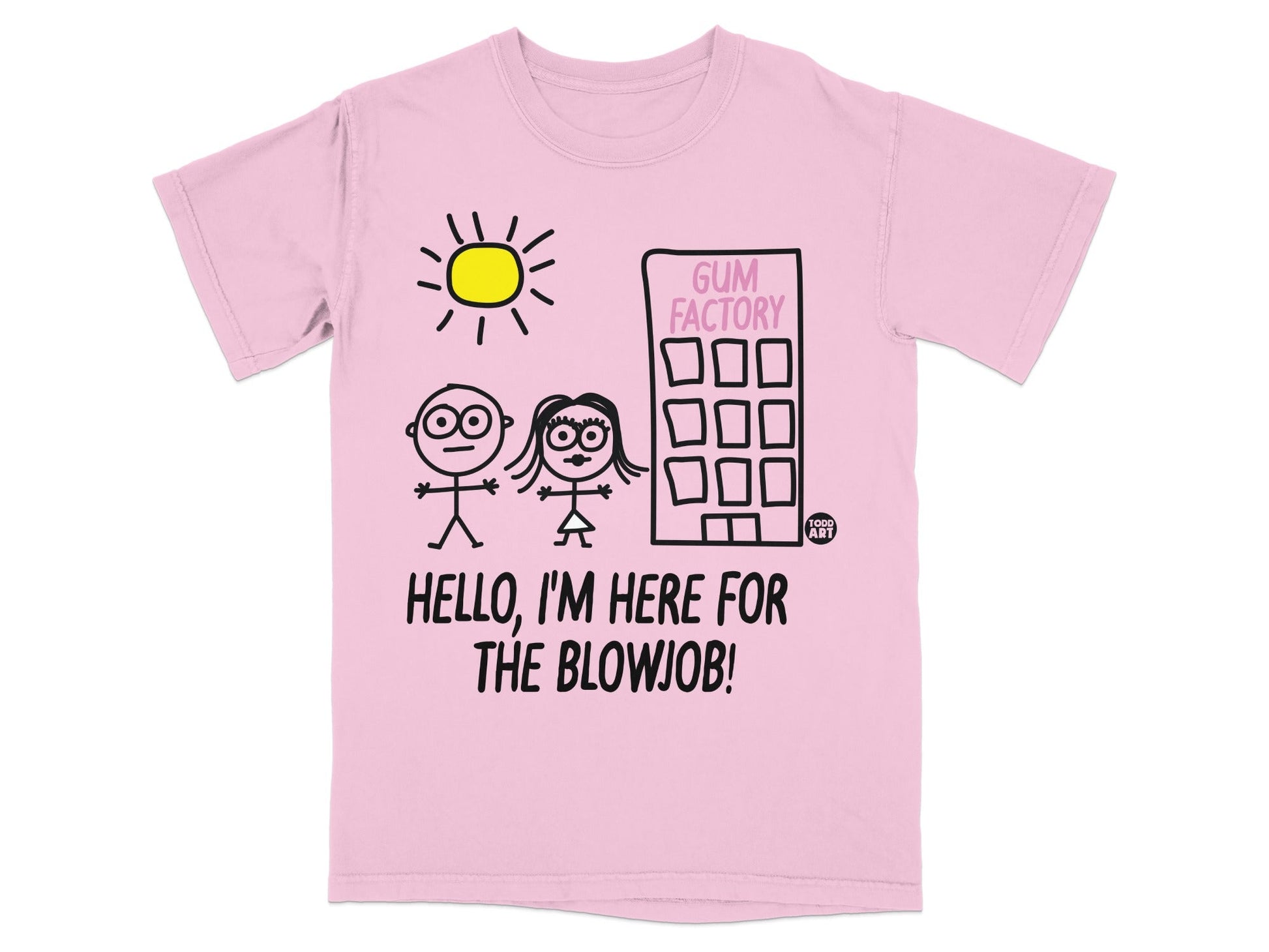 Pink t-shirt with cartoon sun, stick figures, and "GUM FACTORY" building.