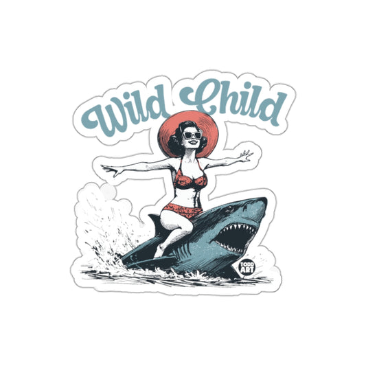 Wild Child Girl Rides Shark Ocean Illustration Stickers