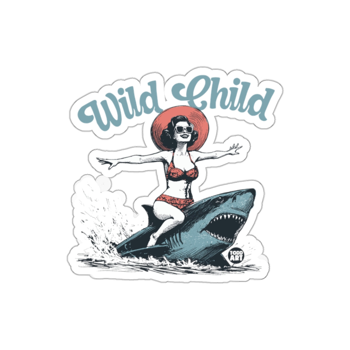 Wild Child Girl Rides Shark Ocean Illustration sticker
