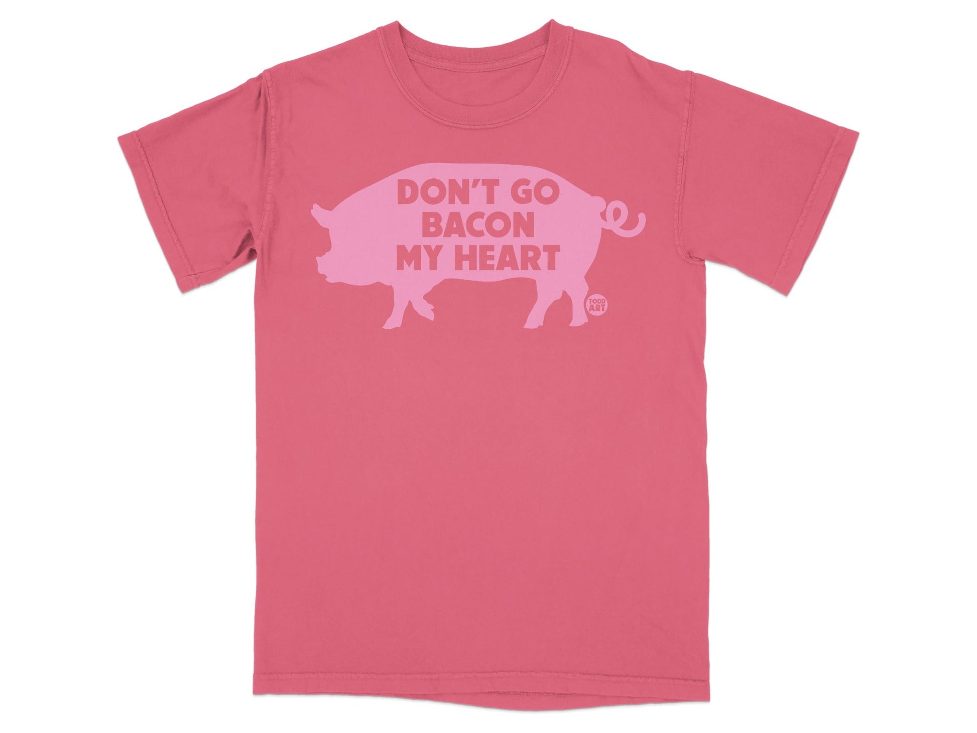 Pink t-shirt with silhouette of a pig and text "DON'T GO MY HEART".