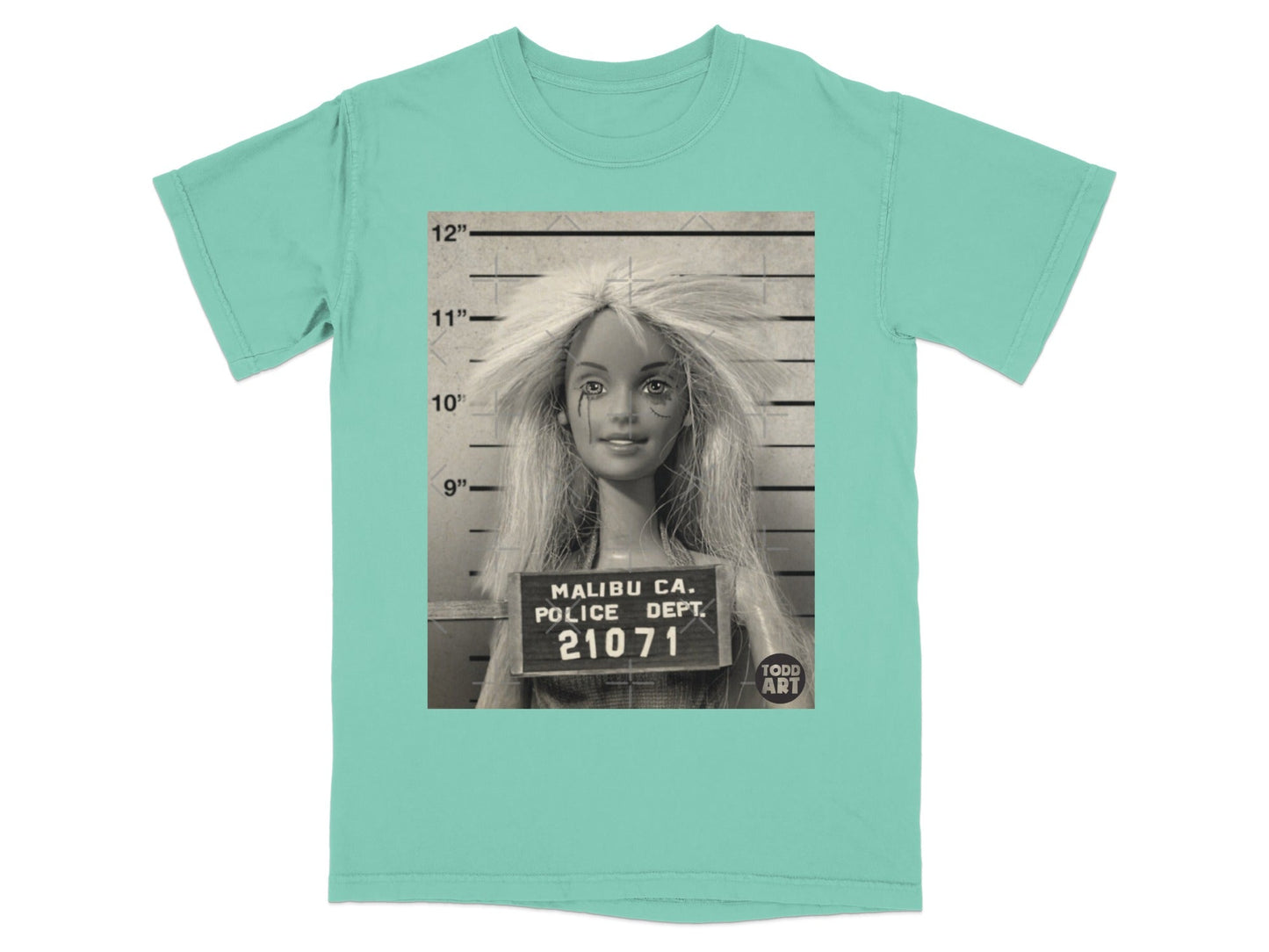 Barbie mugshot with "Malibu Ca. Police Dept. 21071" text.