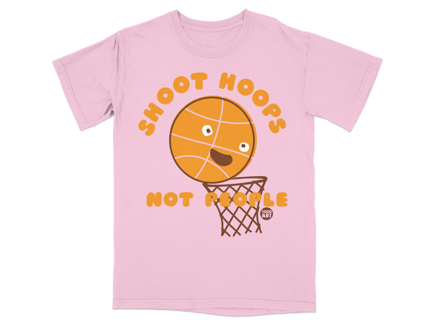 Pink t-shirt with "Shoot Hoops Not People" text and a cartoon basketball.