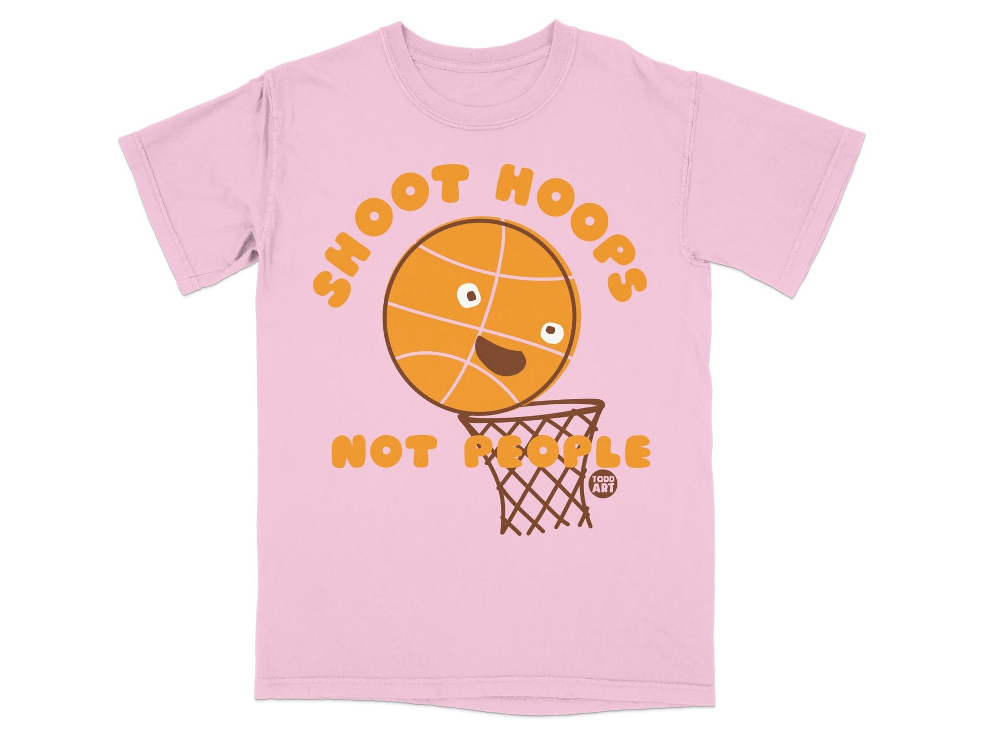 Pink t-shirt with "Shoot Hoops Not People" text and a cartoon basketball.