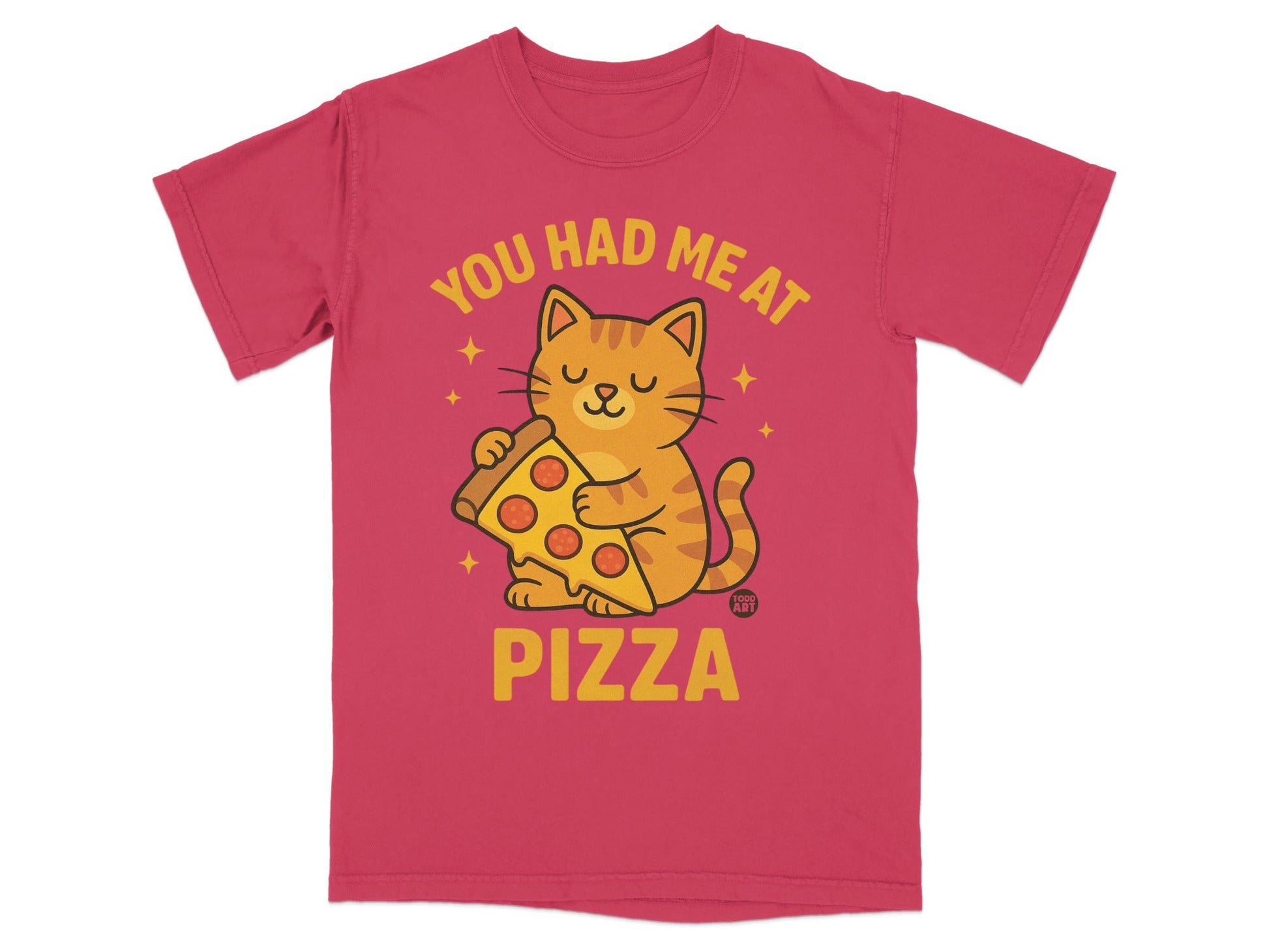Red t-shirt with "You Had Me at Pizza" and cartoon cat holding pizza slice.