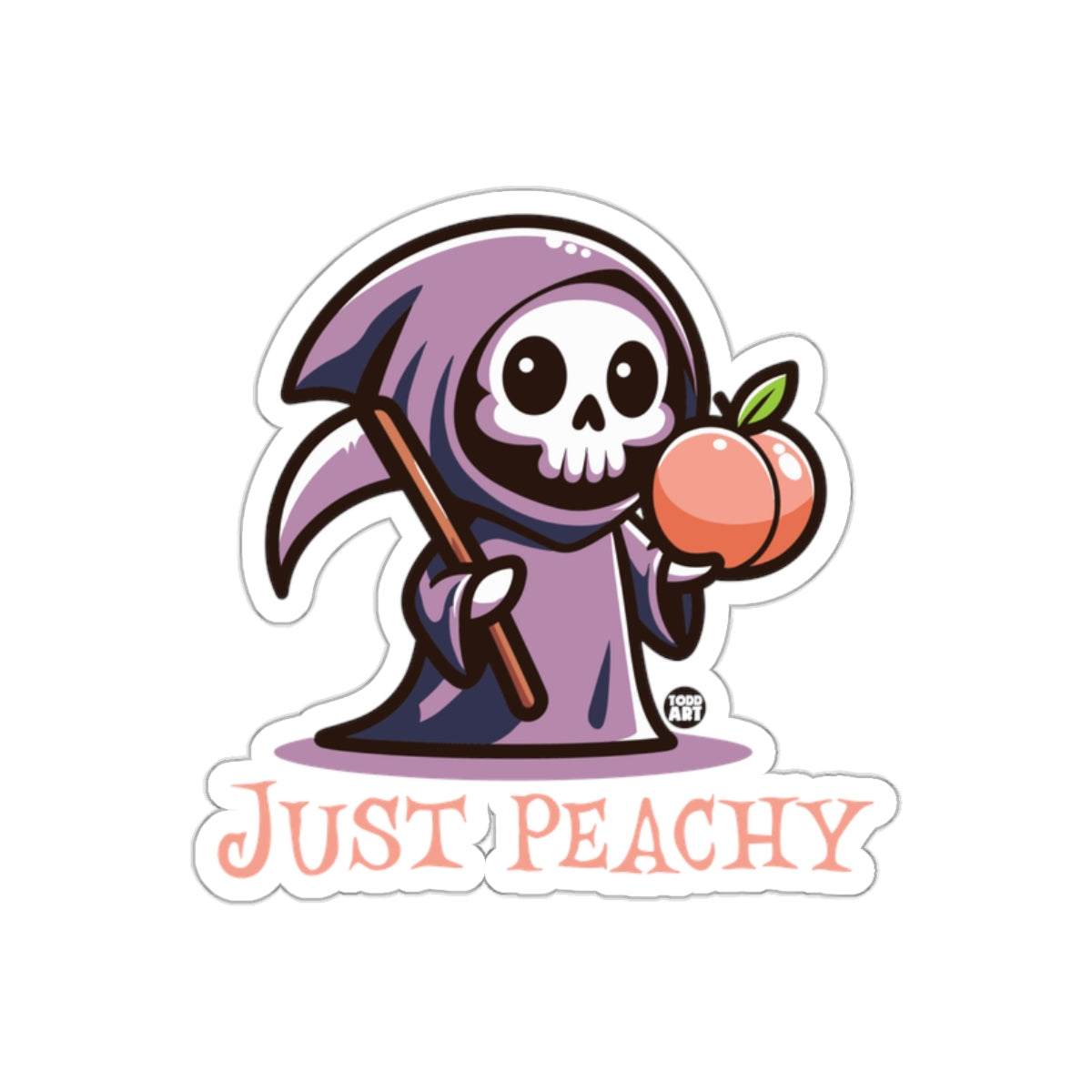 Just Peachy Grim Reaper Holding Peach Cartoon Stickers