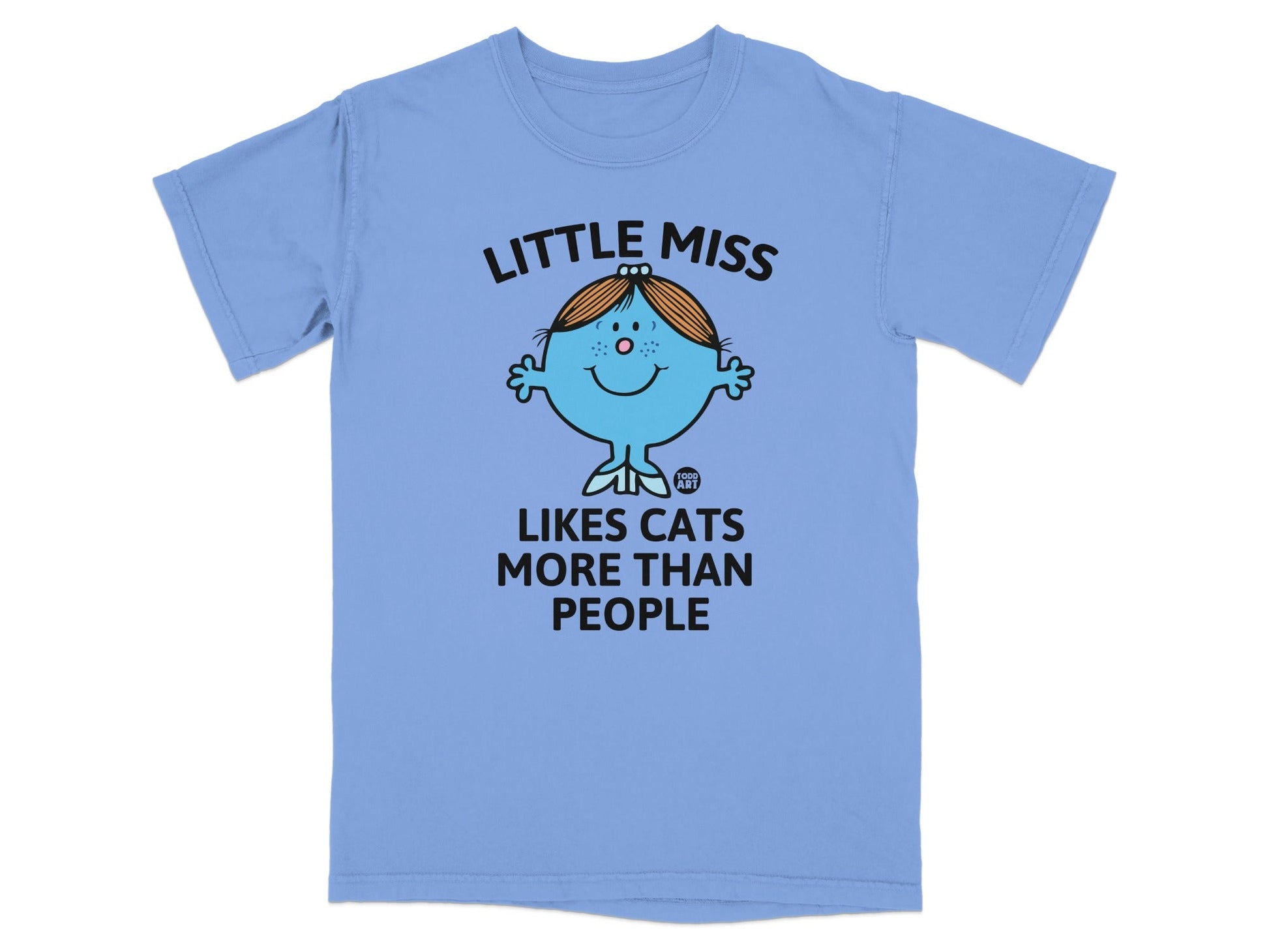 Light blue t-shirt with "Little Miss Likes Cats More Than People" graphic.