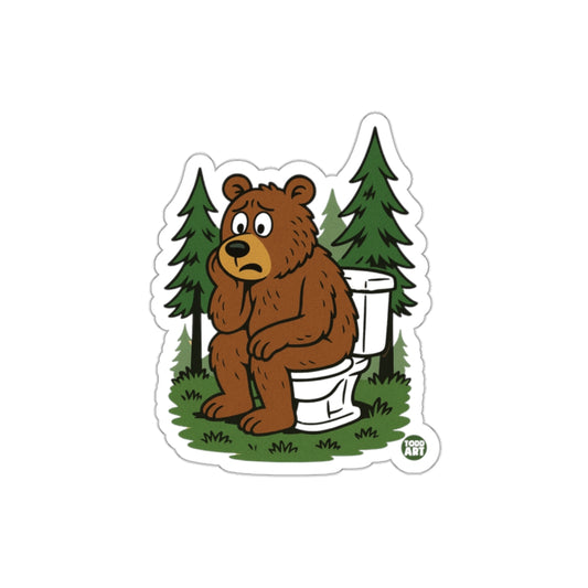 Sad Bear Sitting on Toilet in Forest Sticker