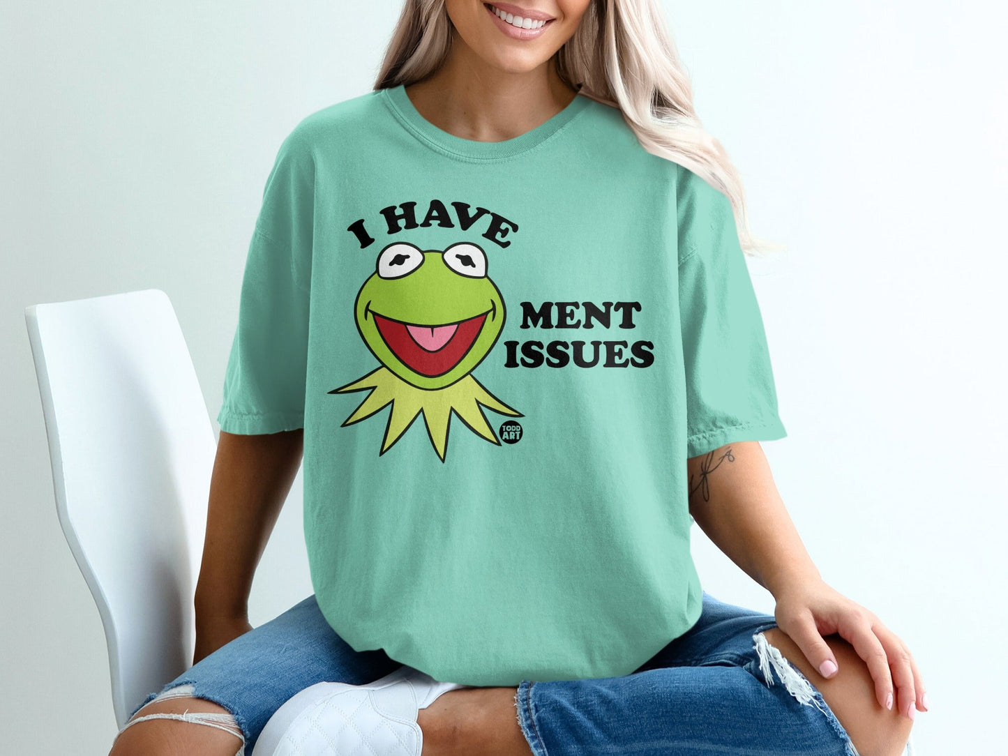 Kermit the Frog with "I Have Ment Issues" text on a mint green t-shirt.
