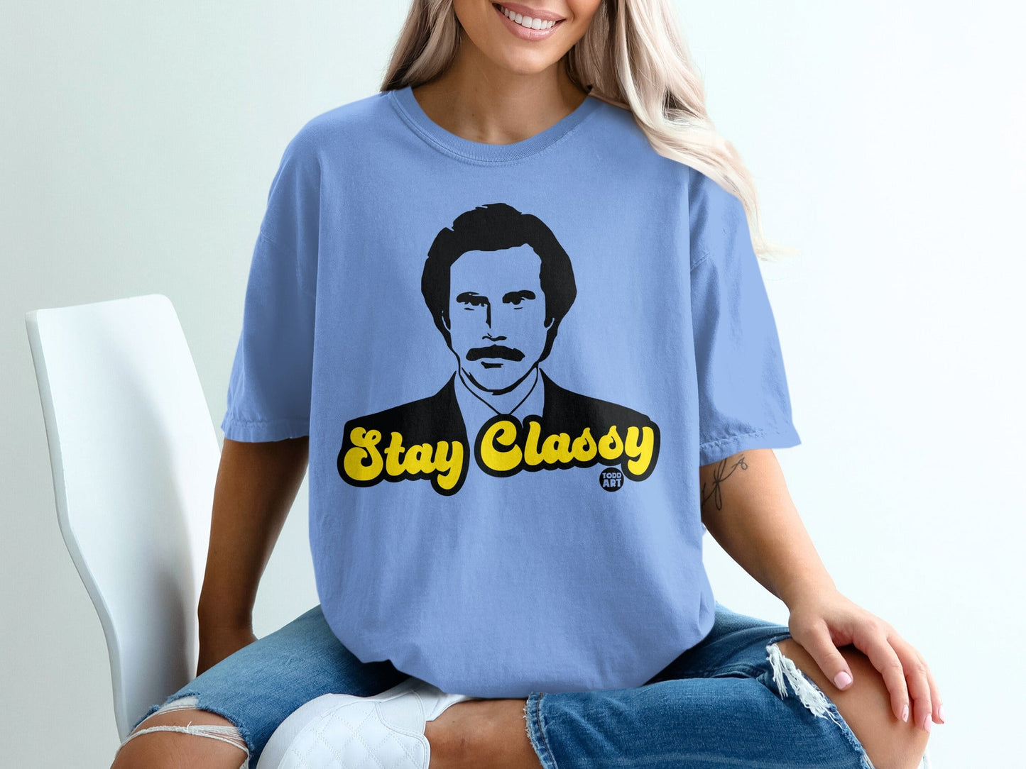 Blue t-shirt with Ron Burgundy's face and "Stay Classy" text.