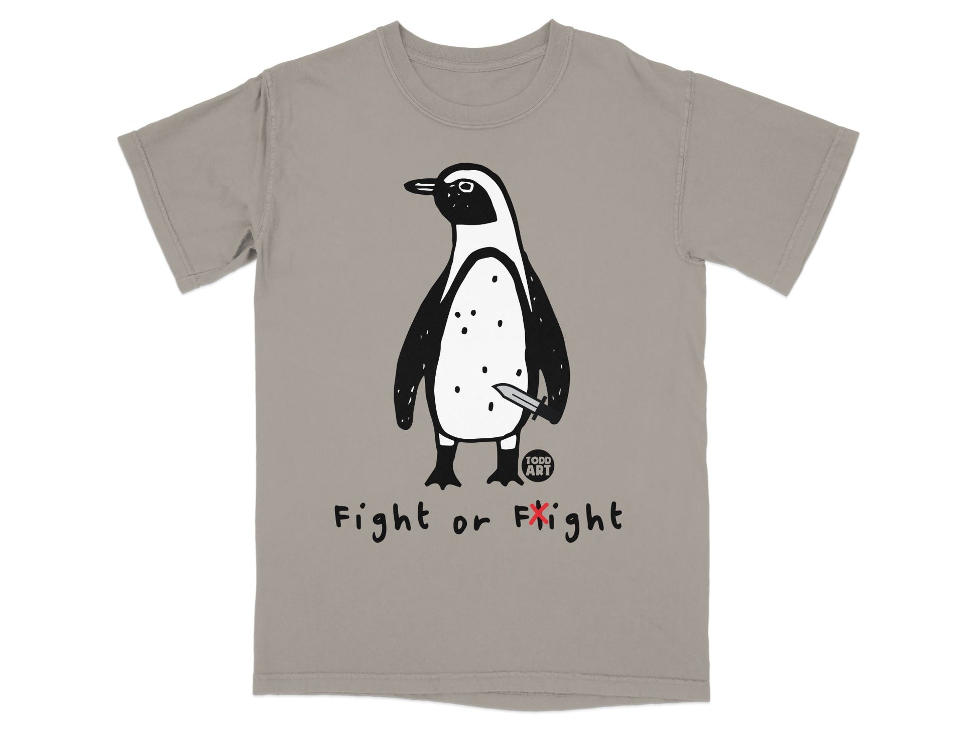 T-shirt with a cartoon penguin holding a knife, saying "Fight or Flight."