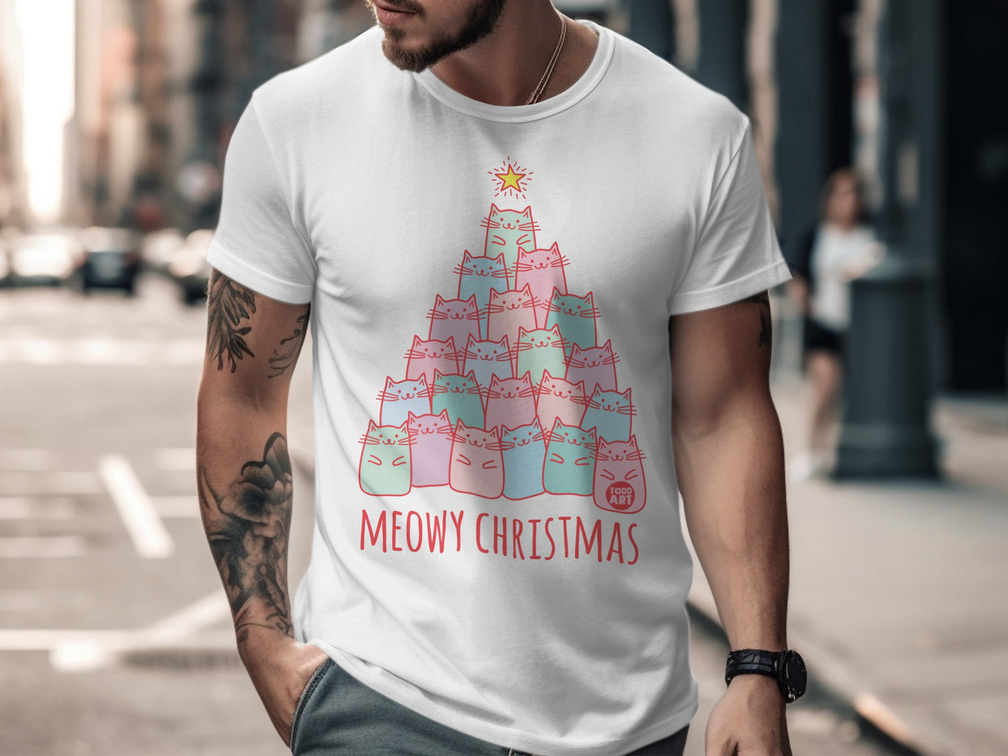 Meowy Christmas Festive Cat Graphic Tee Shirt