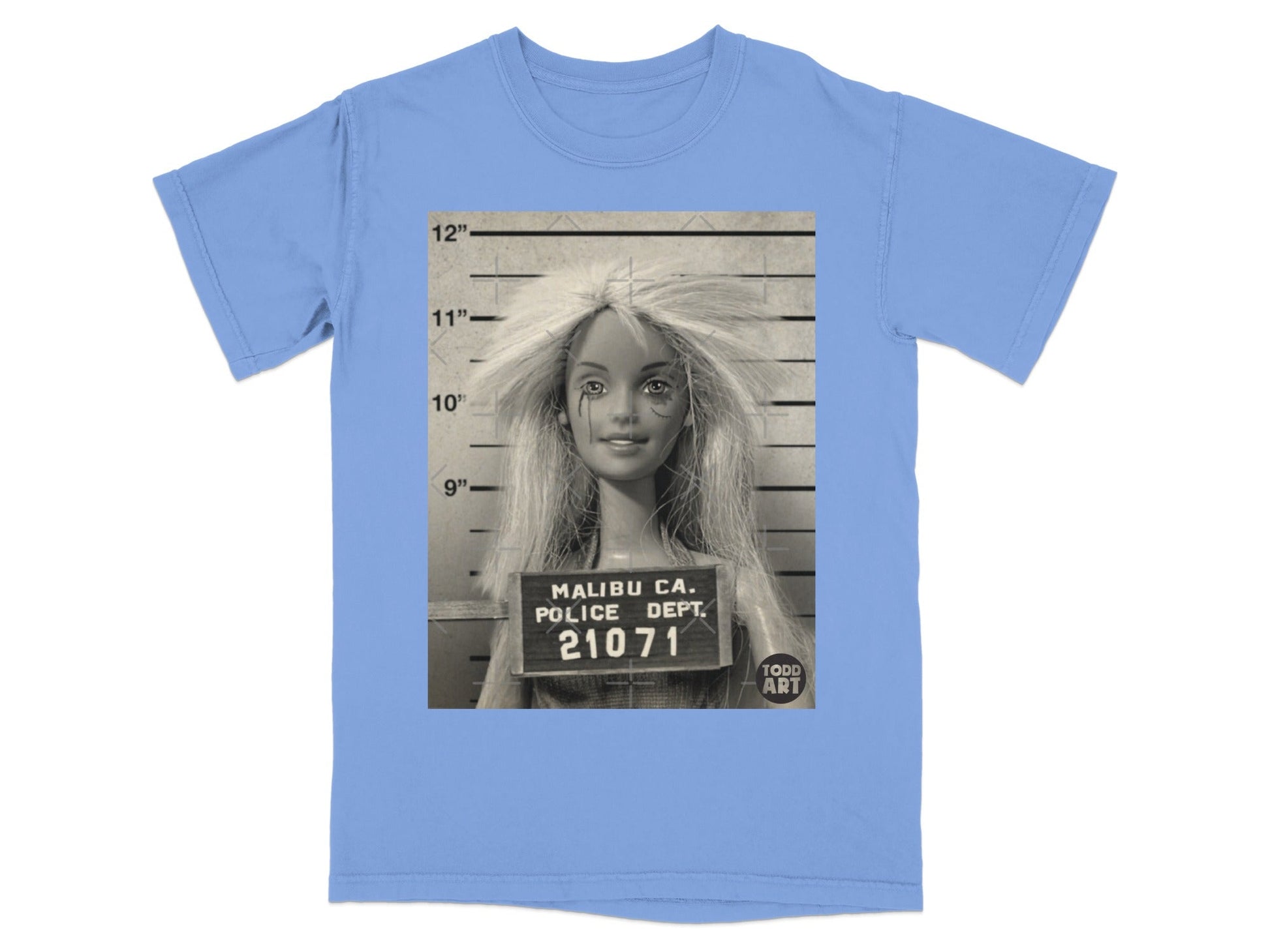 Mugshot of a Barbie doll with "Malibu CA Police Dept." and number 21071.
