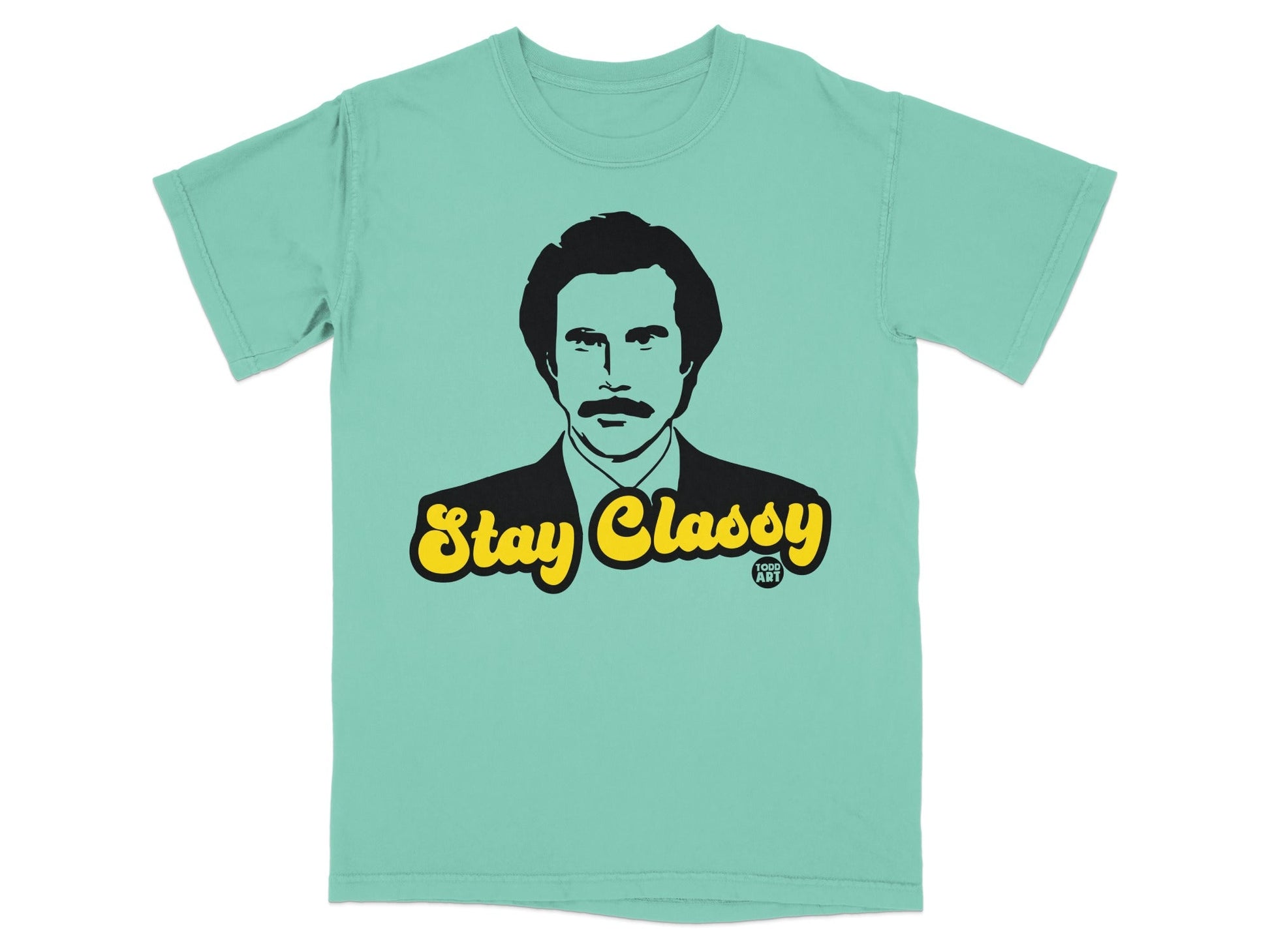 Teal t-shirt featuring Ron Burgundy's portrait with "Stay Classy" text.