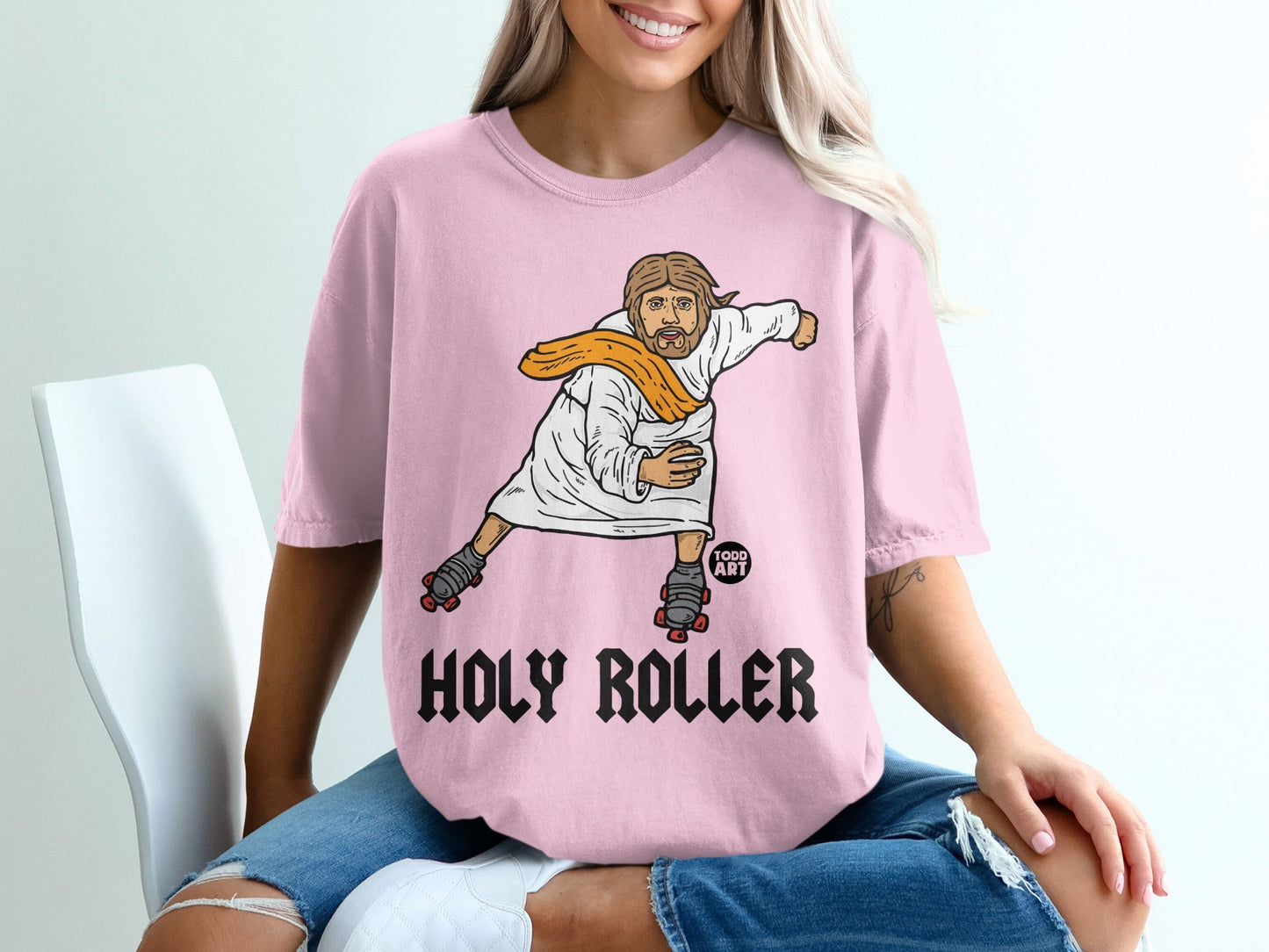 Jesus on roller skates wearing a white robe and orange scarf.