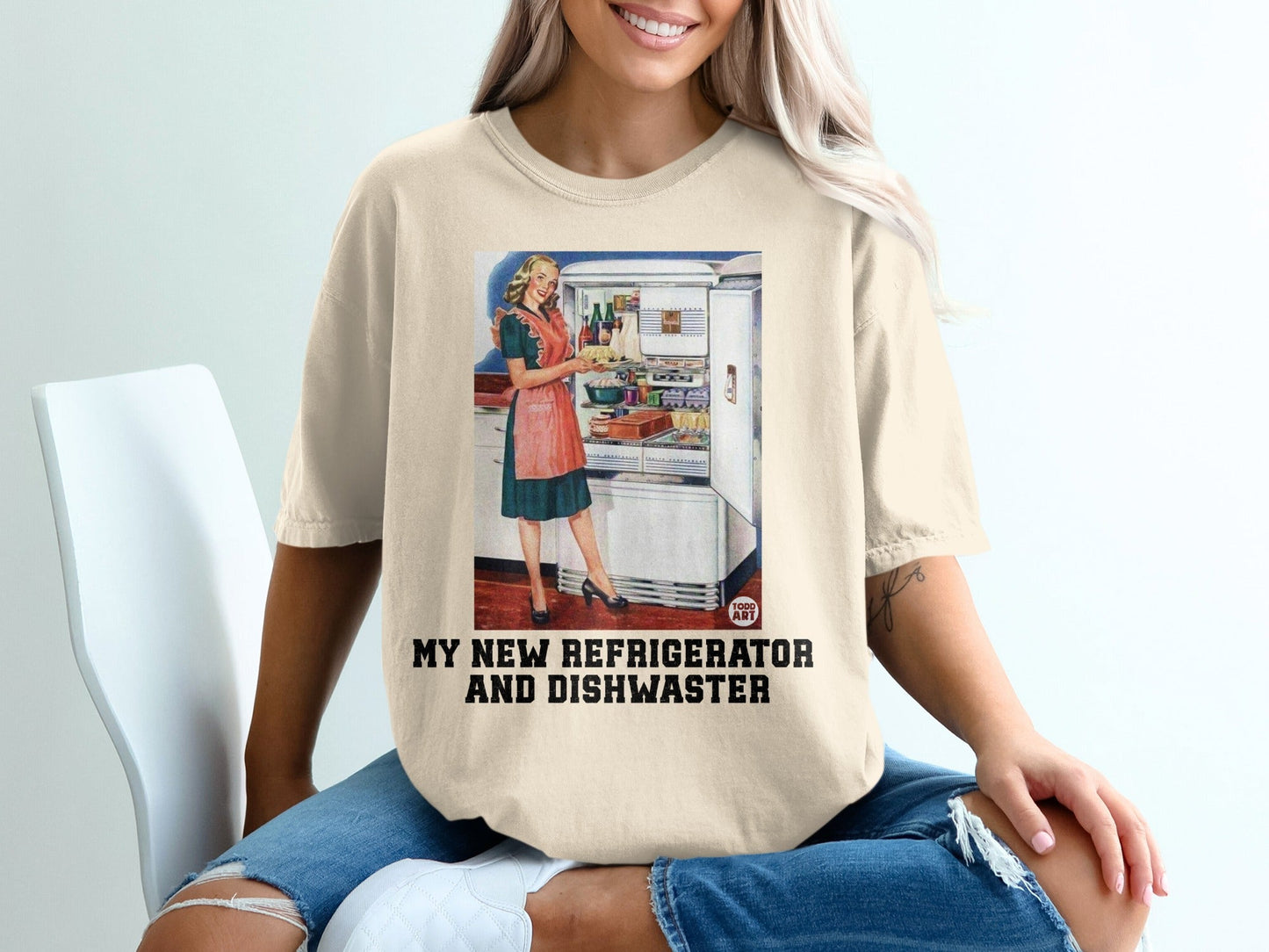 Retro illustration of a woman at an open refrigerator, text reads "MY NEW REFRIGERATOR AND DISHWASHER".