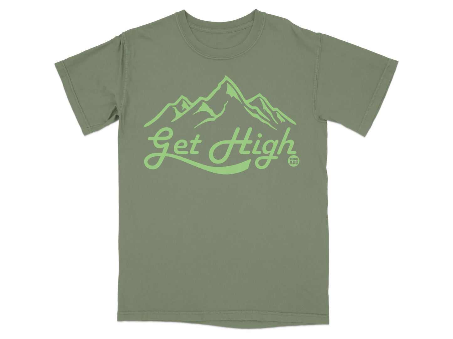 Green t-shirt with "Get High" text and mountain graphic.