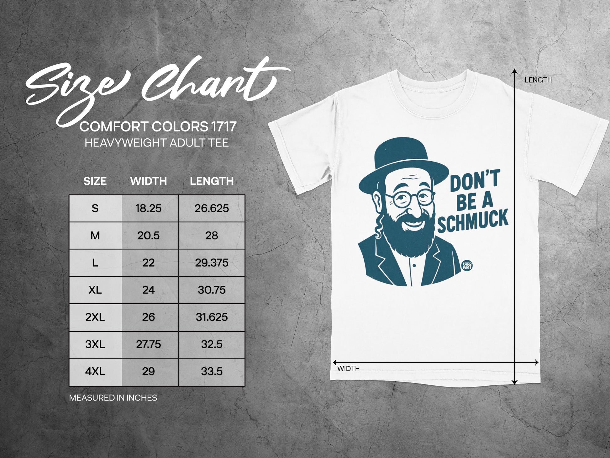Size chart for Comfort Colors 1717 heavyweight adult tee with sizes and measurements.