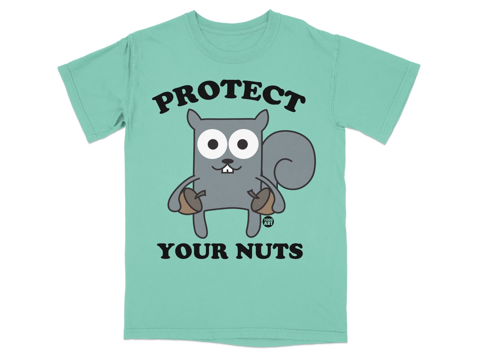 T-shirt with cartoon squirrel holding acorns and text "PROTECT YOUR NUTS".