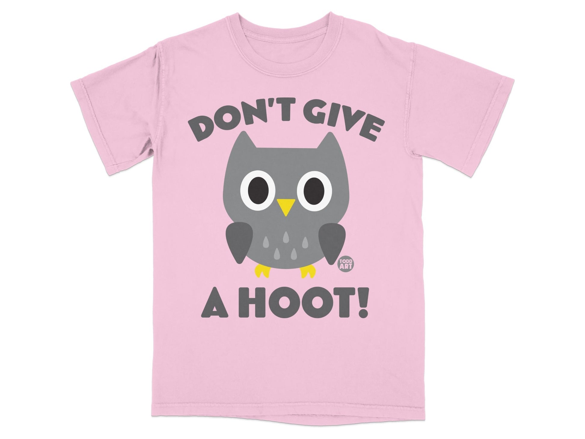 Pink t-shirt with gray owl graphic and text "DON'T GIVE A HOOT!".