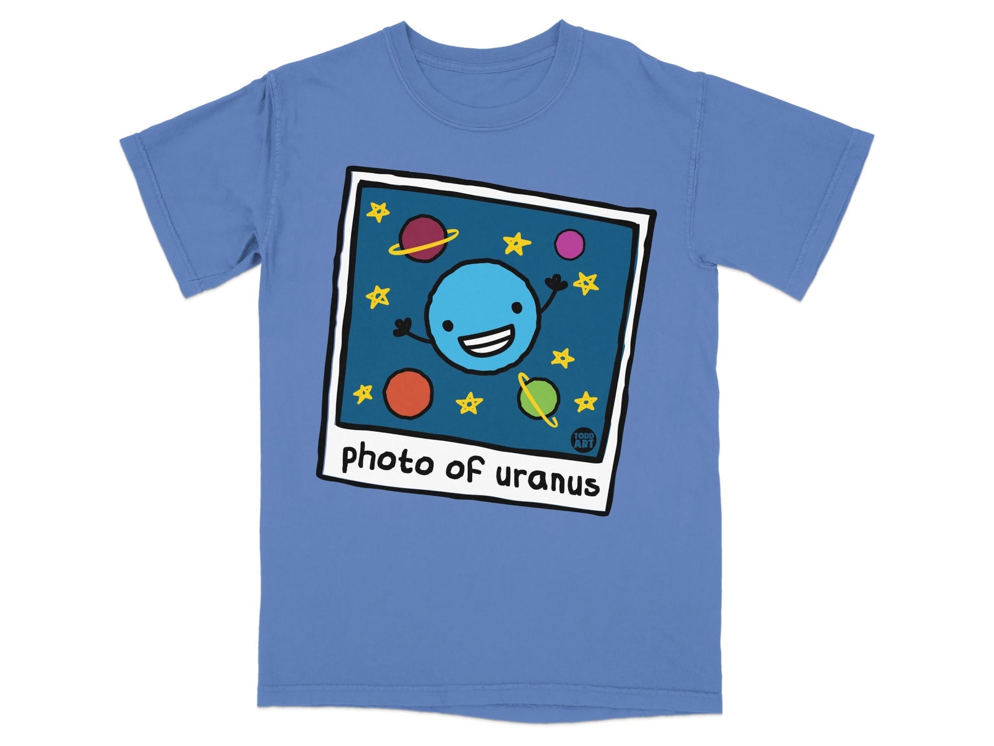 Cartoon blue planet with stars and planets, "photo of uranus" text.