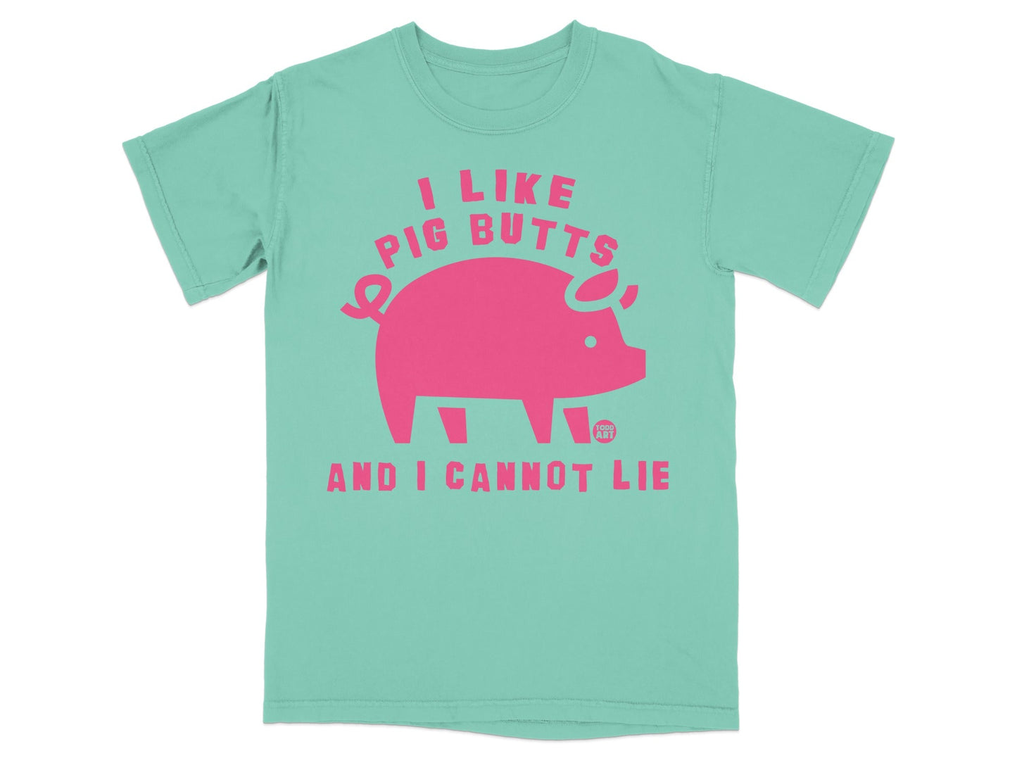 Aqua t-shirt with pink text "I like pig butts and I cannot lie" and a pig graphic.