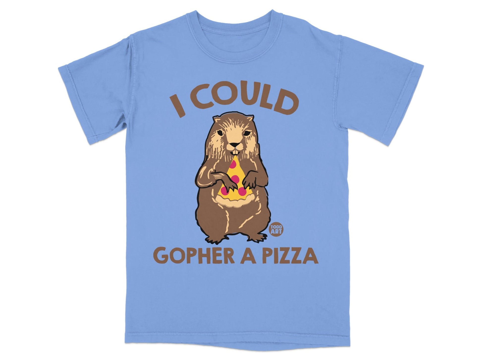 T-shirt with gopher holding pizza, text "I COULD GOPHER A PIZZA".