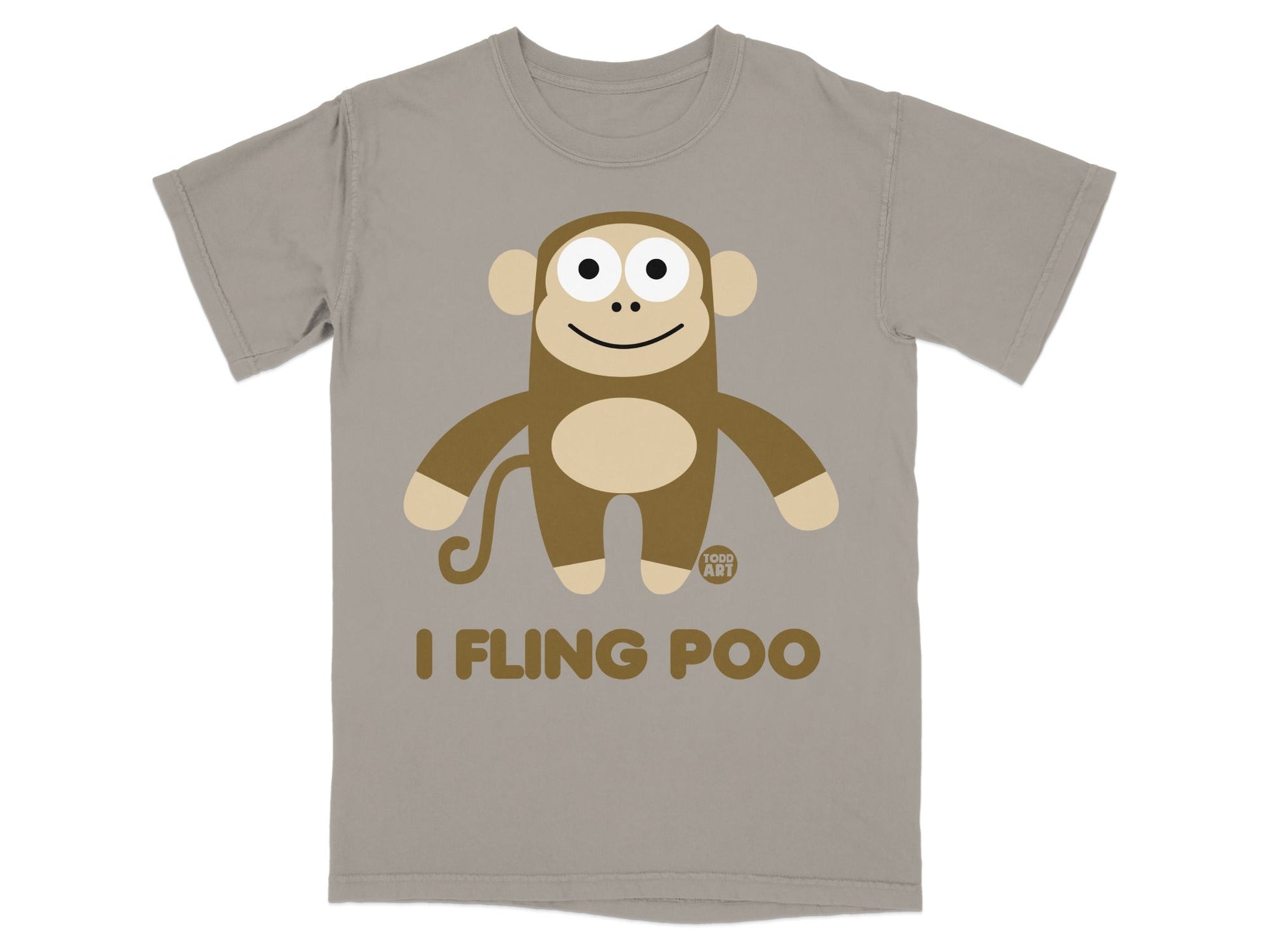 T-shirt with a cartoon monkey and the text "I FLING POO".