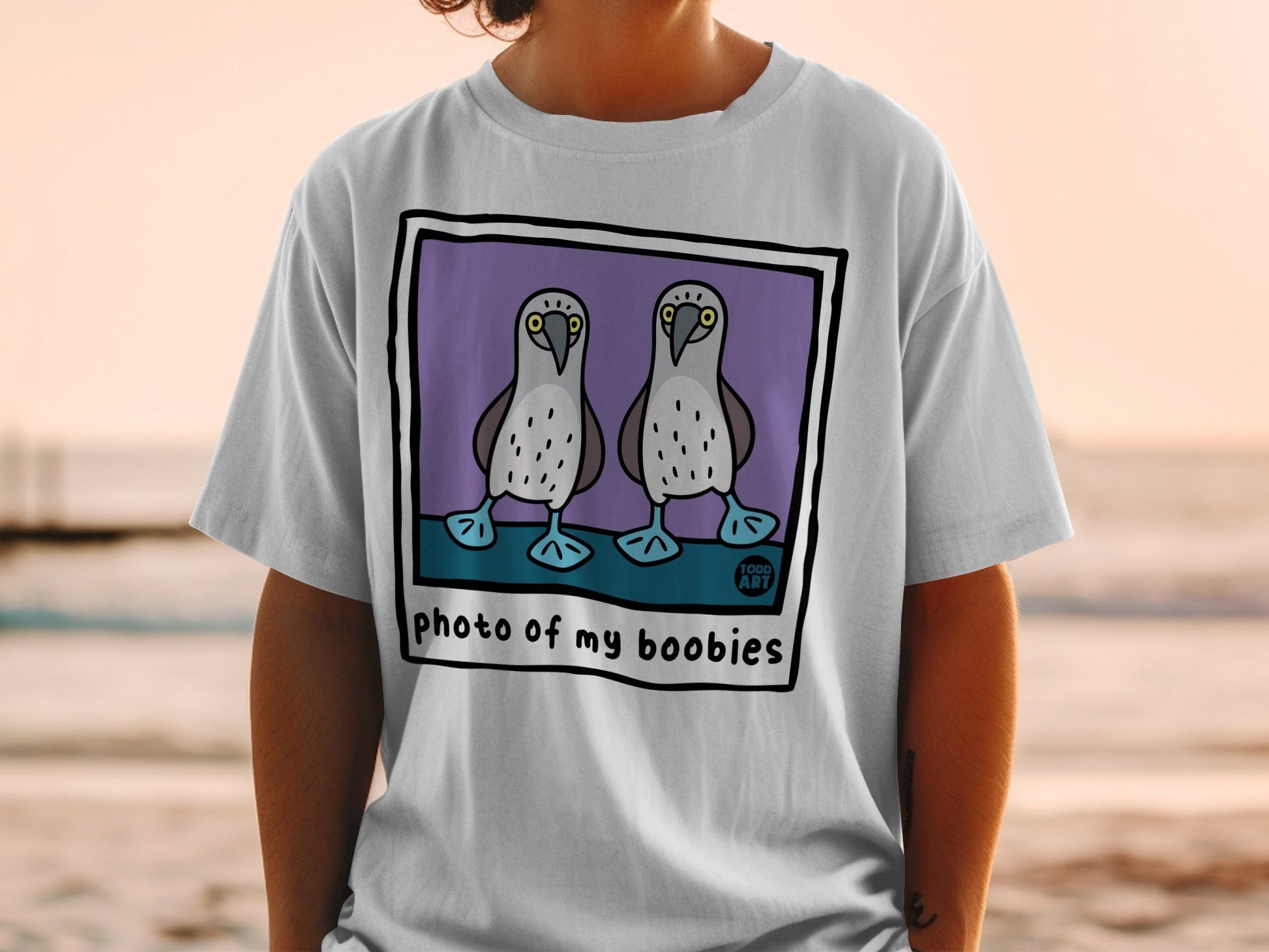 T-shirt featuring cartoon blue-footed boobies and text "photo of my boobies".