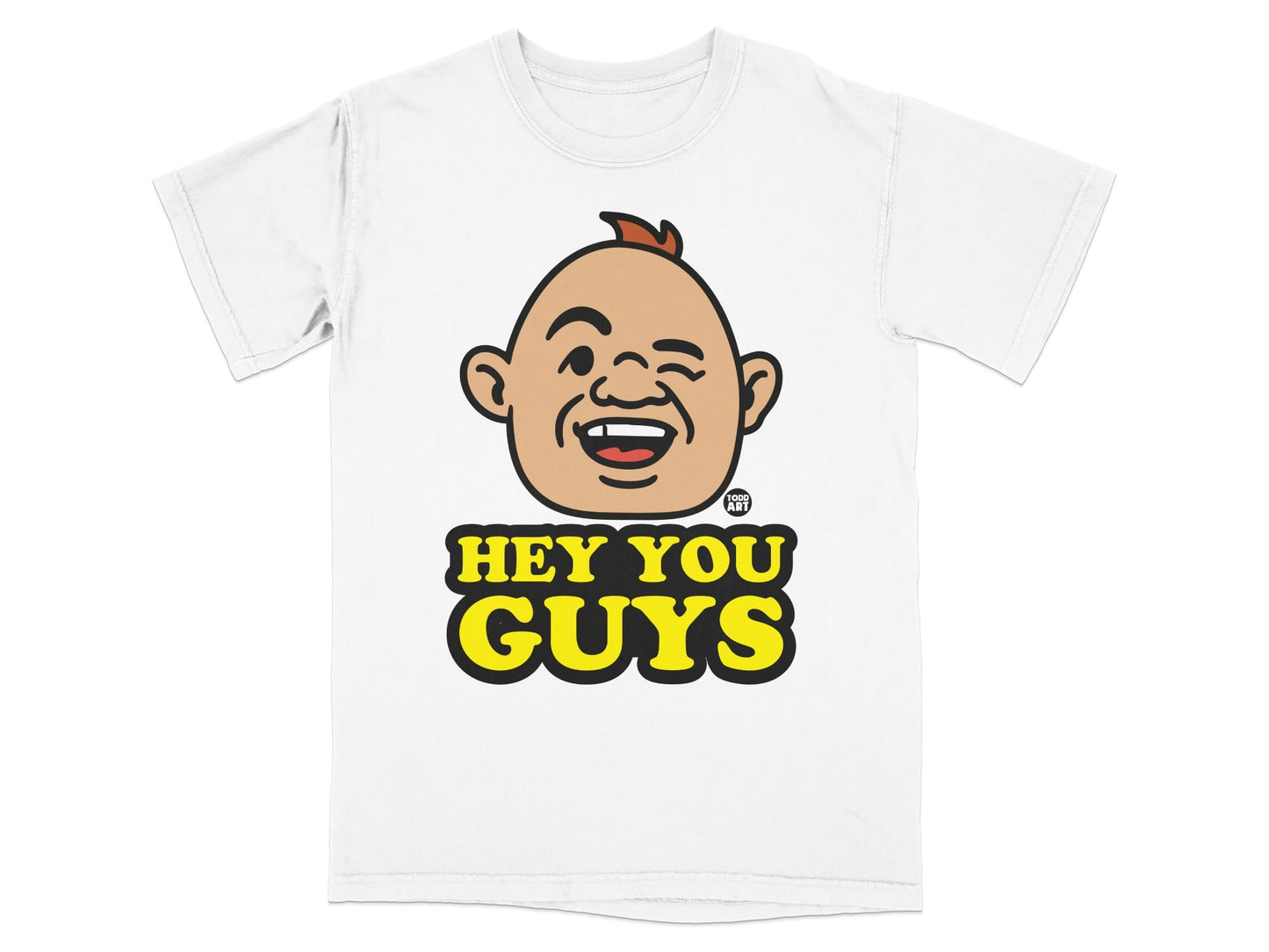 White t-shirt with cartoon character and "Hey You Guys" text.