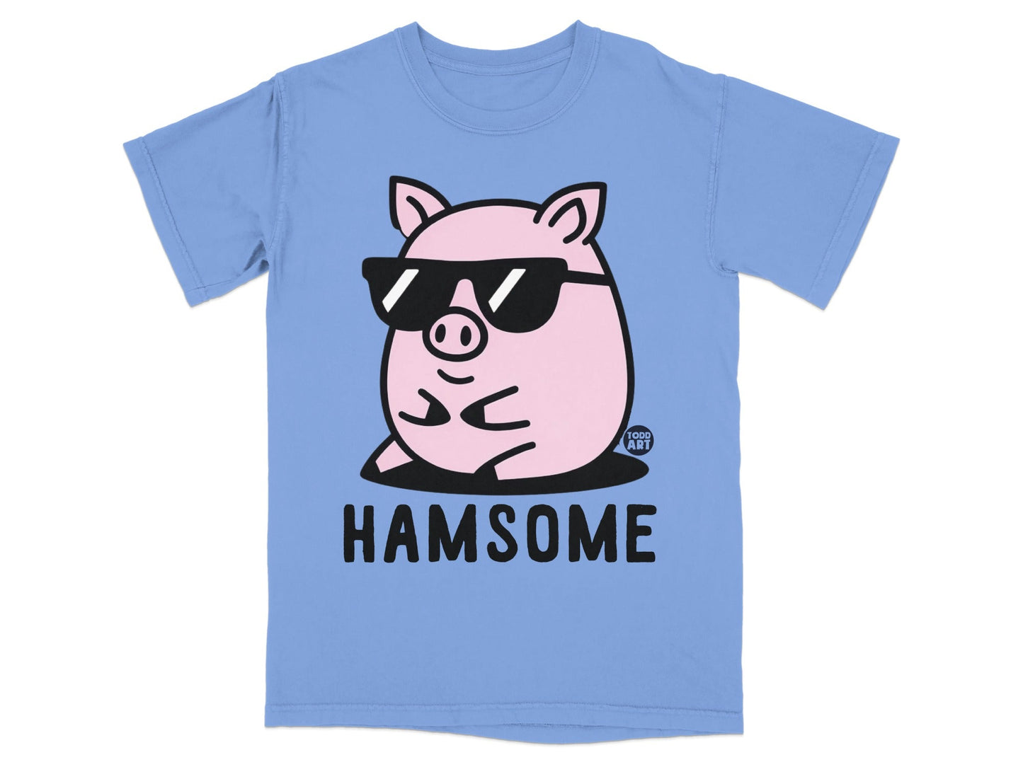 Light blue t-shirt with cartoon pig wearing sunglasses and text "HAMSOME".