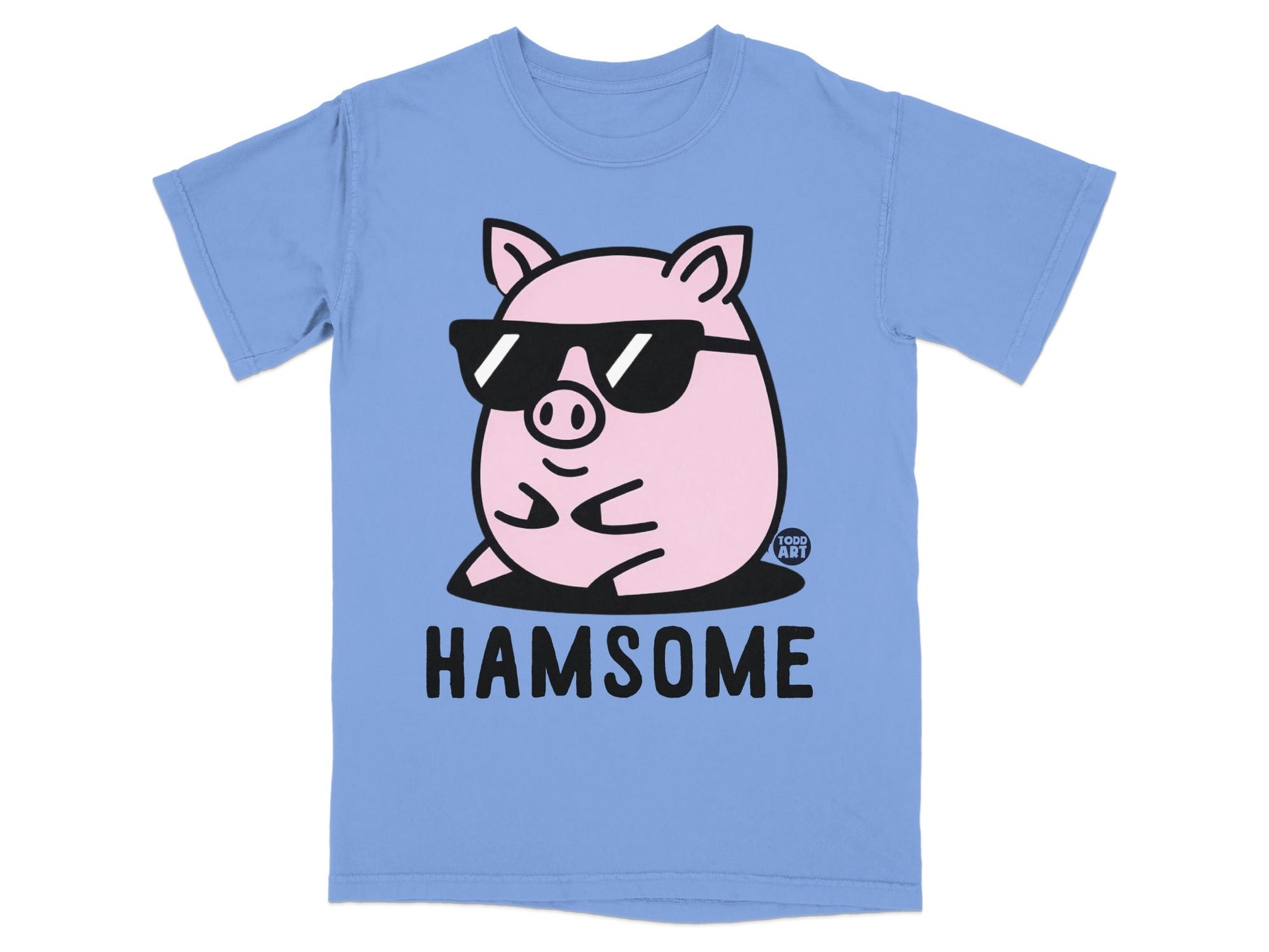 Light blue t-shirt with cartoon pig wearing sunglasses and text "HAMSOME".