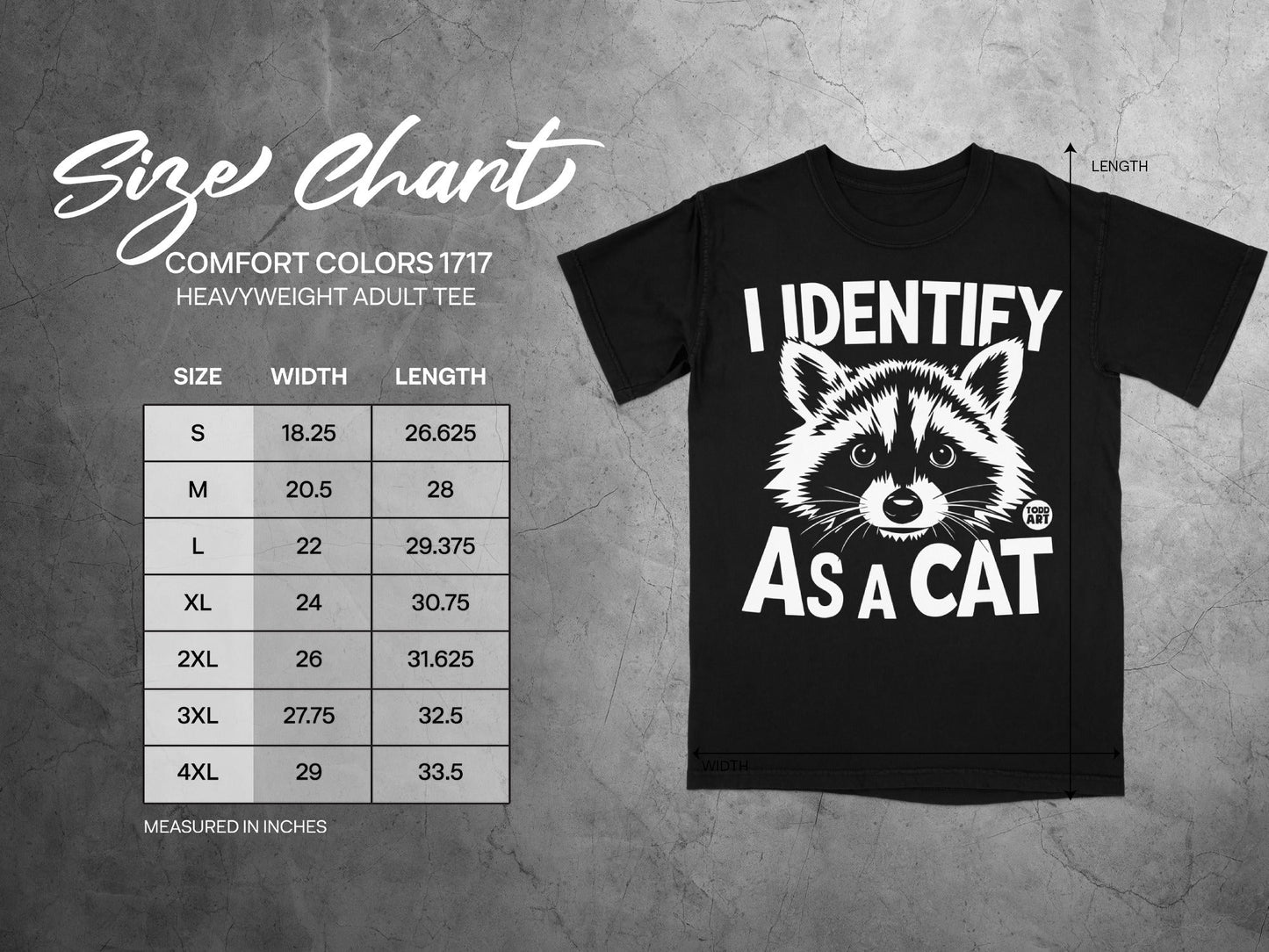Size chart for Comfort Colors 1717 heavyweight adult tee with raccoon graphic.