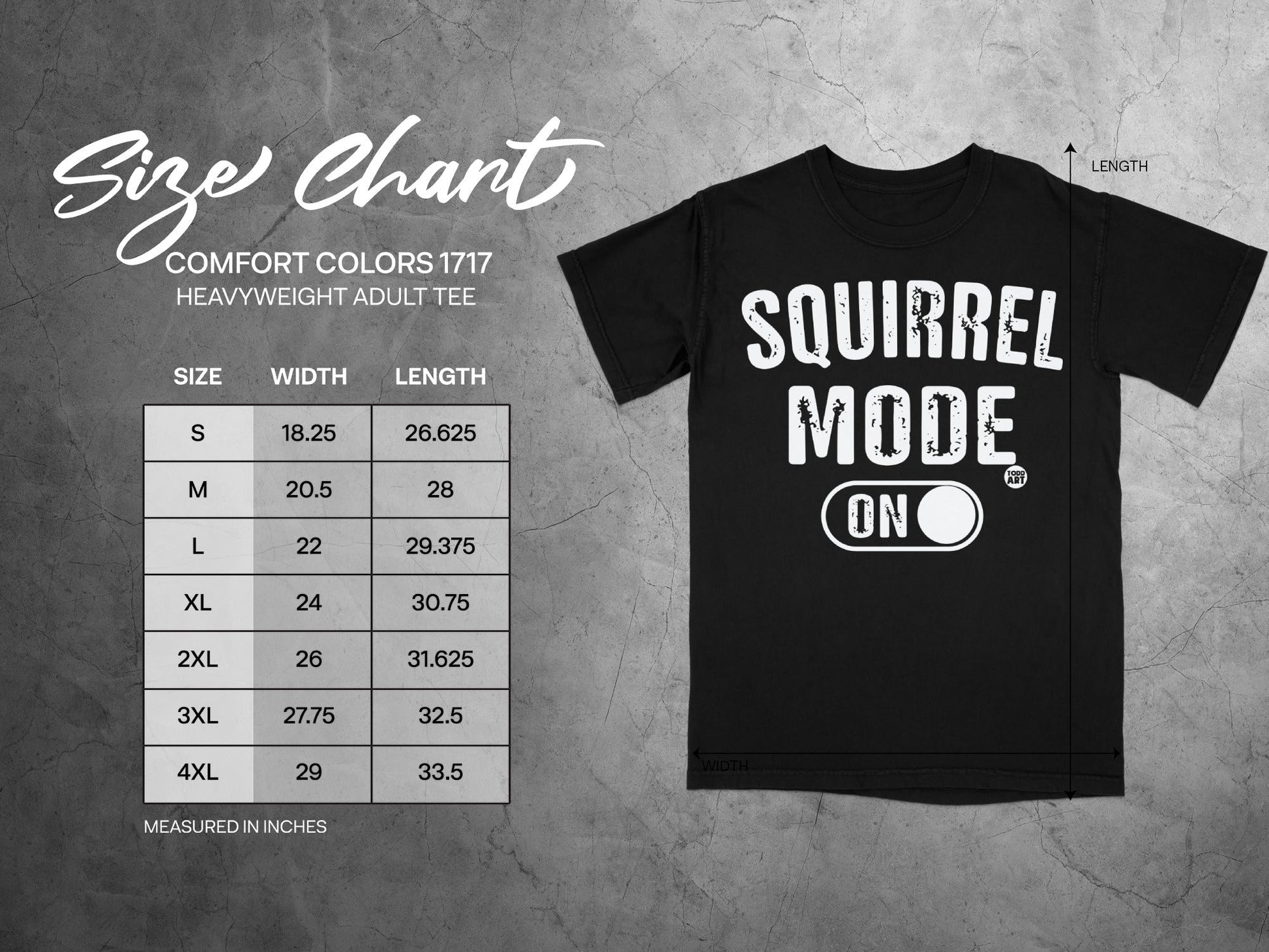 Comfort Colors 1717 size chart for heavyweight adult tee with Squirrel Mode graphic.
