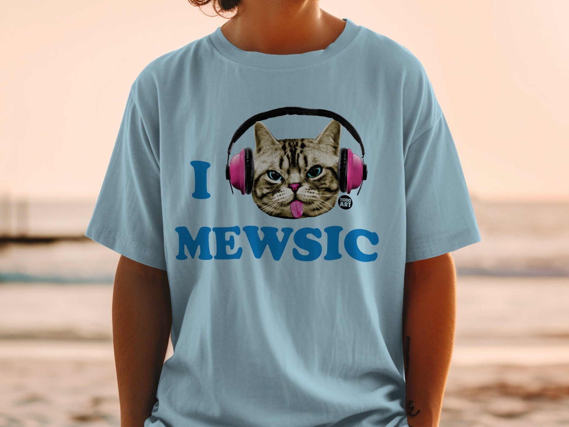 Light blue t-shirt with "I MEOWSIC" text and cat wearing headphones.