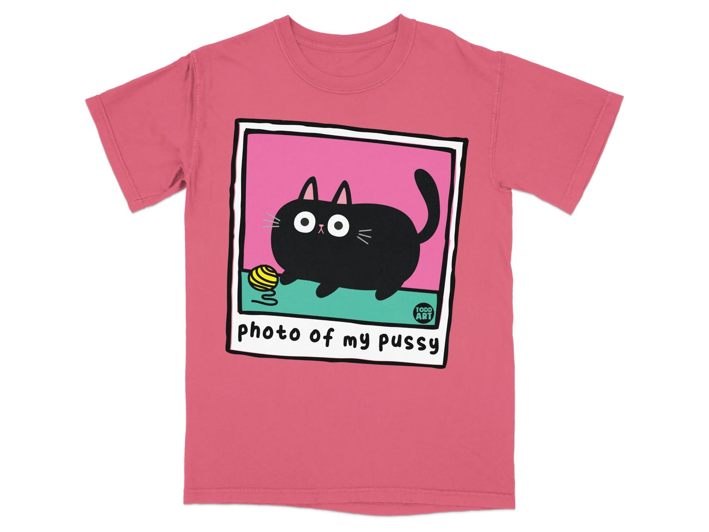Pink t-shirt with cartoon black cat and yarn, "photo of my pussy" text.