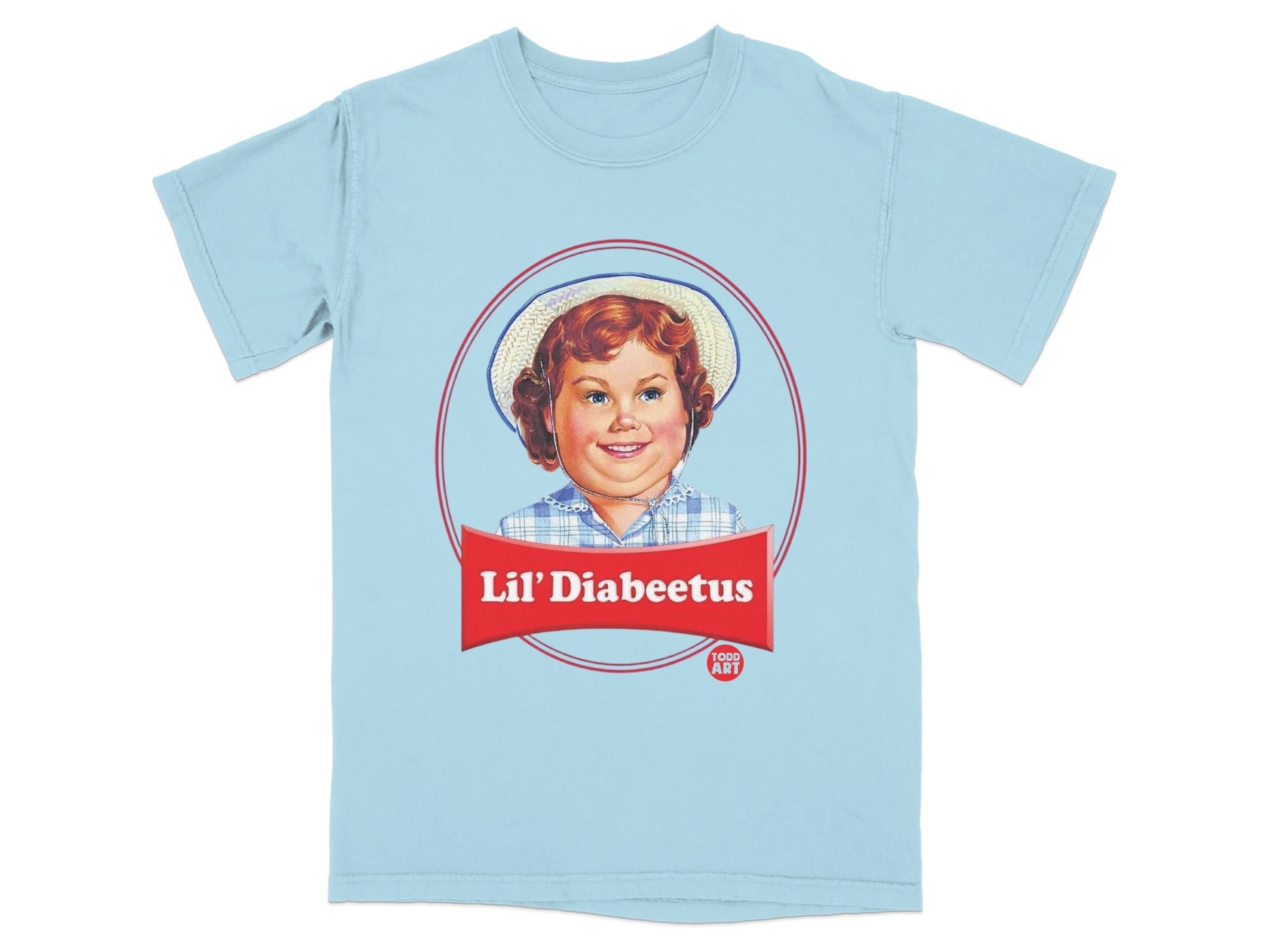 Light blue t-shirt with "Lil' Diabeetus" logo featuring a young girl in a hat.