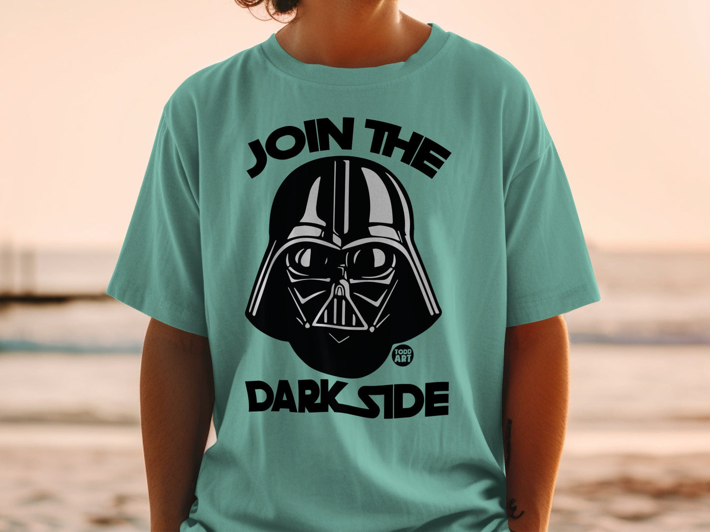 Teal t-shirt with Darth Vader's helmet and "JOIN THE DARK SIDE" text.
