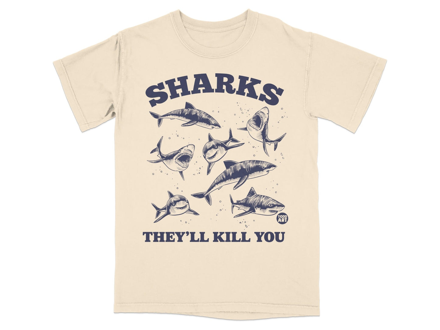 Seven cartoon sharks swim around text "SHARKS THEY'LL KILL YOU" and "FOOD ART".