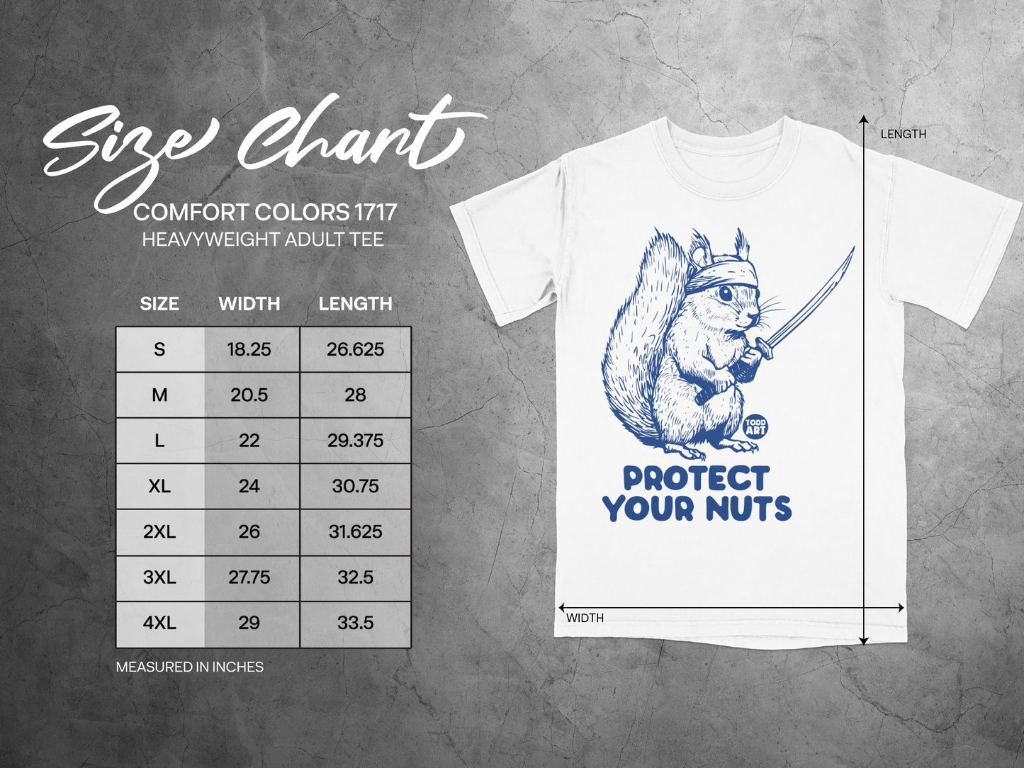 Size chart for a Comfort Colors 1717 heavyweight adult tee with squirrel graphic.