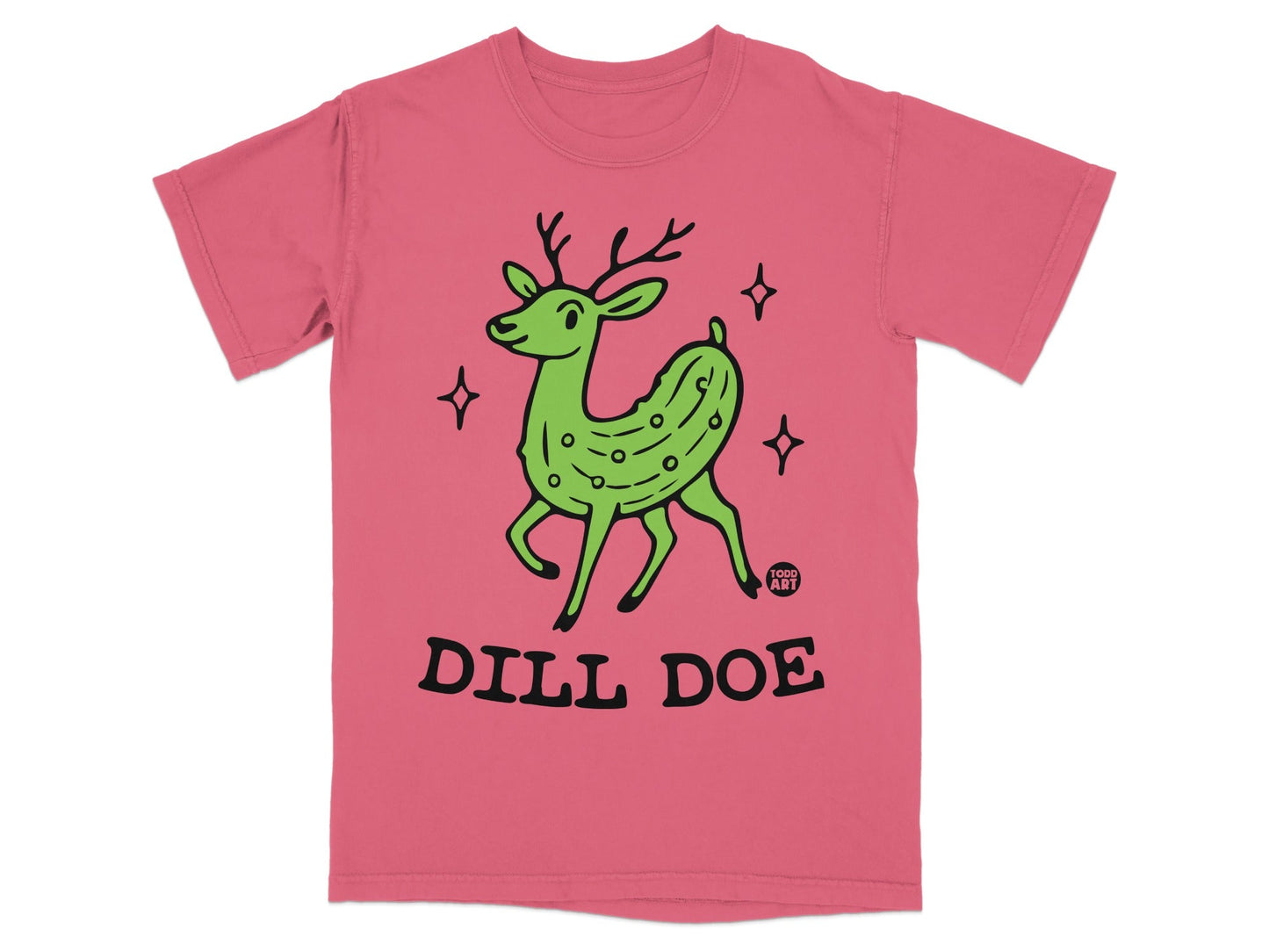 Green dill pickle deer with stars and "DILL DOE" text.