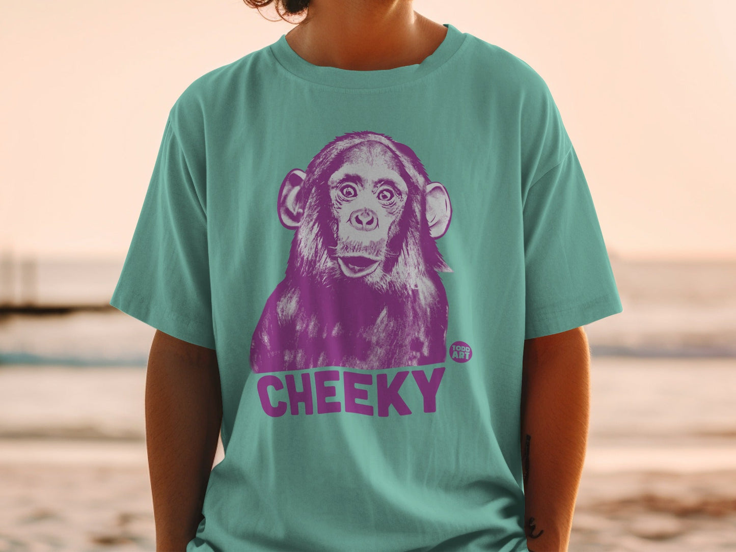 Teal t-shirt with a purple chimpanzee graphic and "CHEEKY" text.
